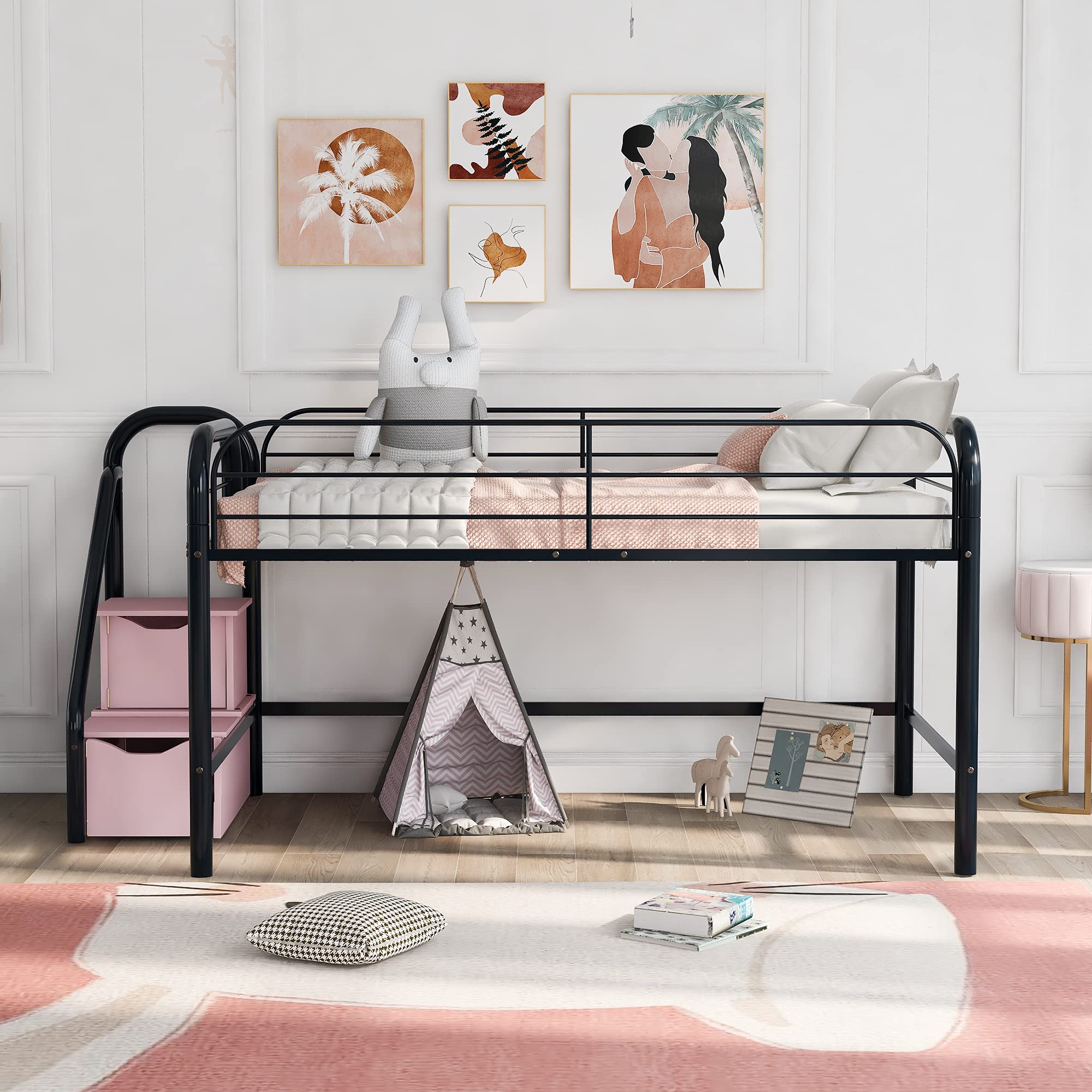 LZ LEISURE ZONE Twin Loft Bed with Storage Steps - Low Profile Metal Bunk Bed Frame, No Box Spring Required (Black & Pink) - Perfect for Kids Rooms, Small Spaces & Dorm Rooms