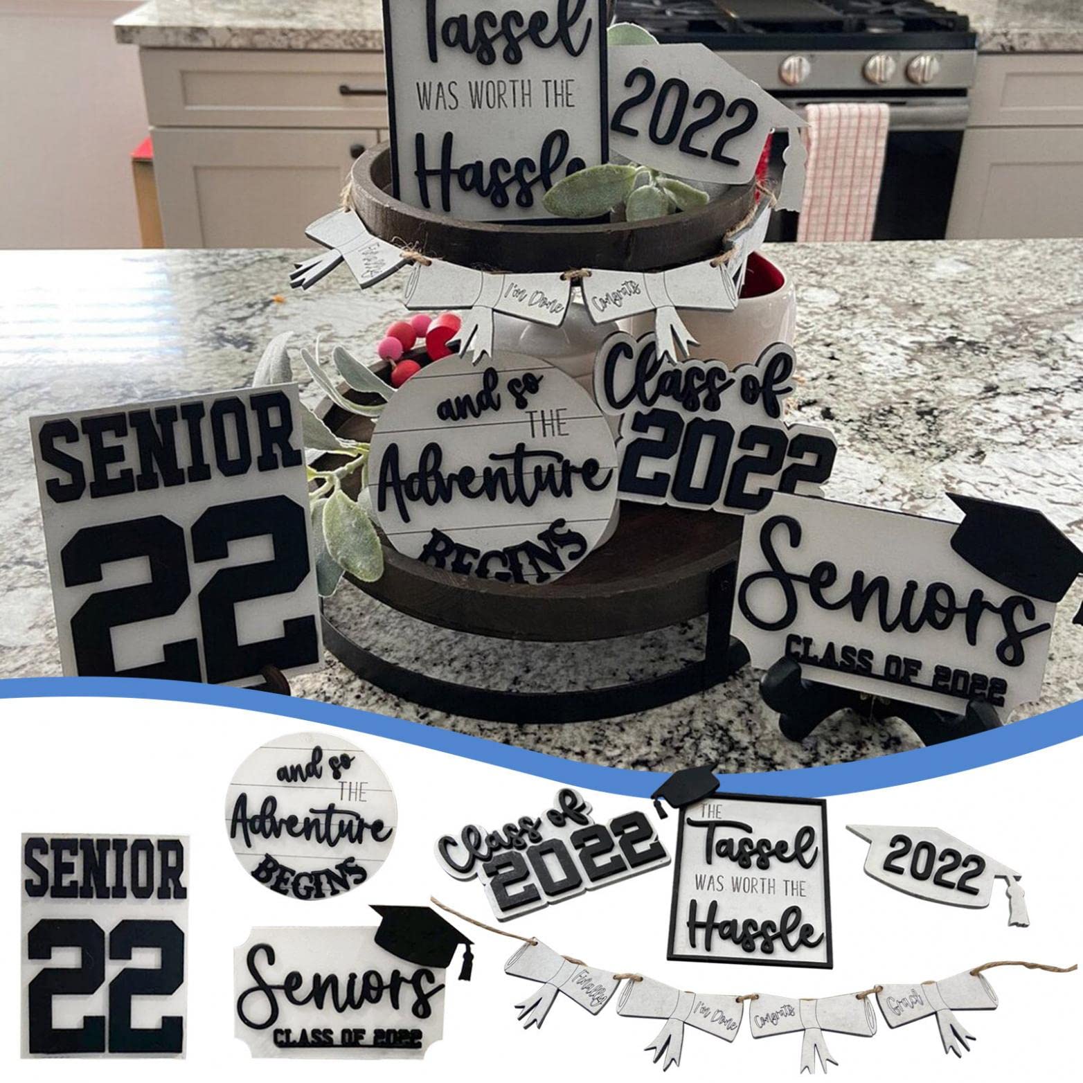 2022 Graduation Party Decorations - Class of 2022 Cap & Gown Tiered Tray Decor with Diploma Sign - Perfect Graduation Gift for College Girls & Boys - Blue Graduation Theme - Ideal for Graduation Parties, Dorm Decor & Photo Backdrops