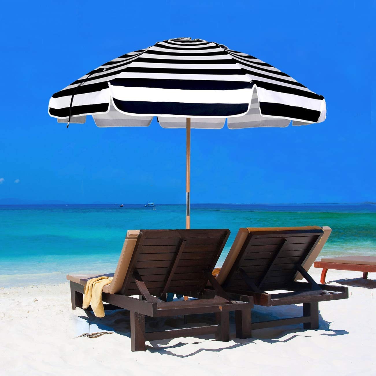 AMMSUN 7.5ft Heavy Duty Commercial Grade Wind Resistant Beach Umbrella with Air Vent - UPF50+ Sun Protection, Ash Wood Pole & Carry Bag - Perfect for Beach, Poolside, Patio, and Outdoor Use