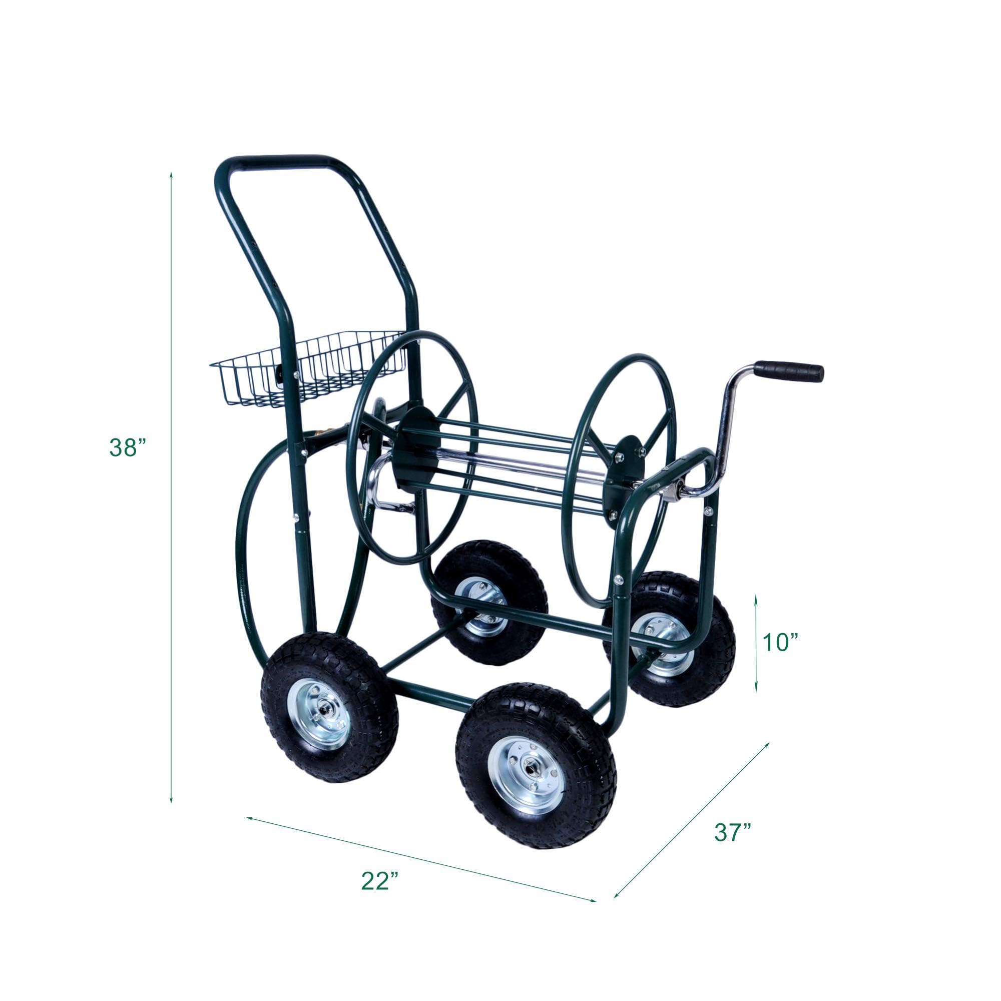 Heavy Duty 4 Wheel Garden Hose Reel Cart with Storage Basket - 390FT Capacity for Yard Watering, Planting & Outdoor Use - Perfect for Lawn Care, Gardening and Backyard Maintenance