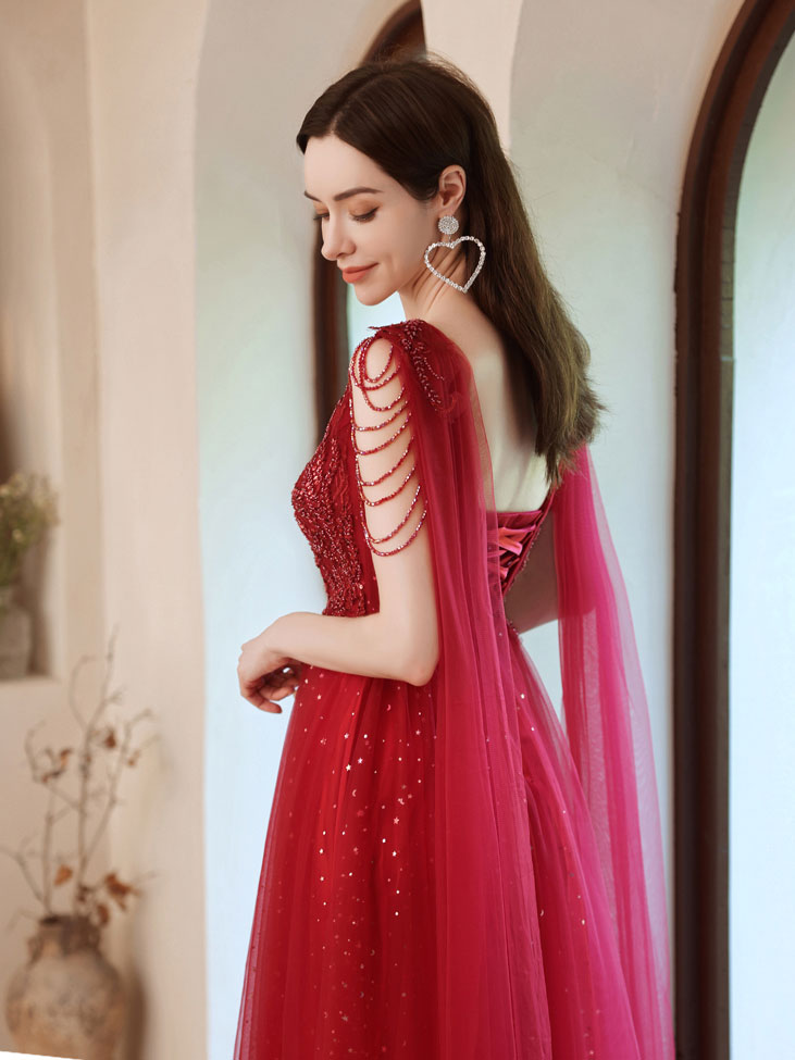 Elegant Burgundy V-Neck Tulle Lace Beaded Long Prom Dress for Women - Perfect for Evening Gowns, Homecoming, Pageants & Formal Occasions
