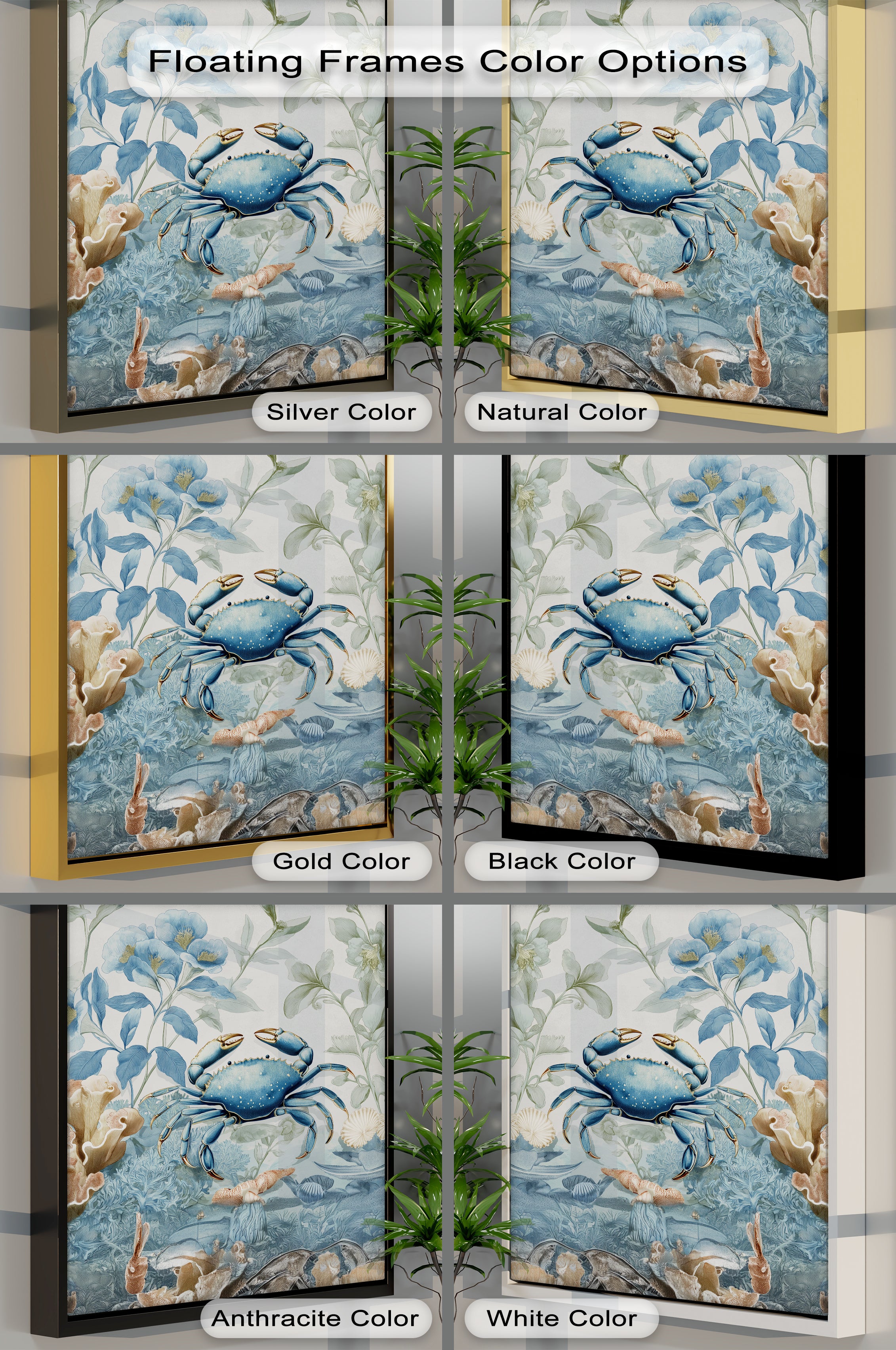 Blue Crab in Botanical Reef - Coastal Nature Canvas Print Wall Art | Beach House Decor, Ocean Themed Living Room, Coastal Bedroom Decor