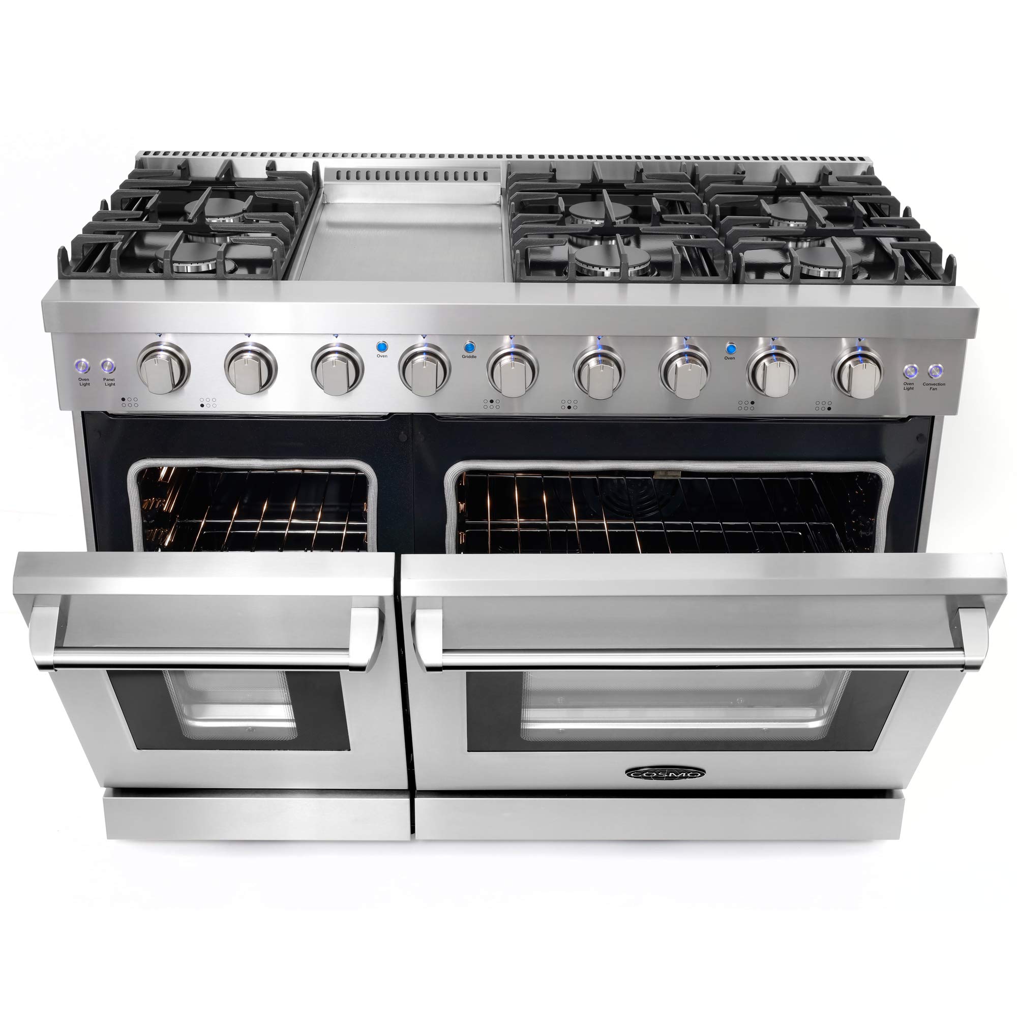 COSMO COS-EPGR486G 48-Inch Stainless Steel Gas Range - 6.8 cu. ft. Double Oven, 6 Burners with Griddle & Convection - Knob LED Lights - Perfect for Large Family Kitchens & Holiday Cooking