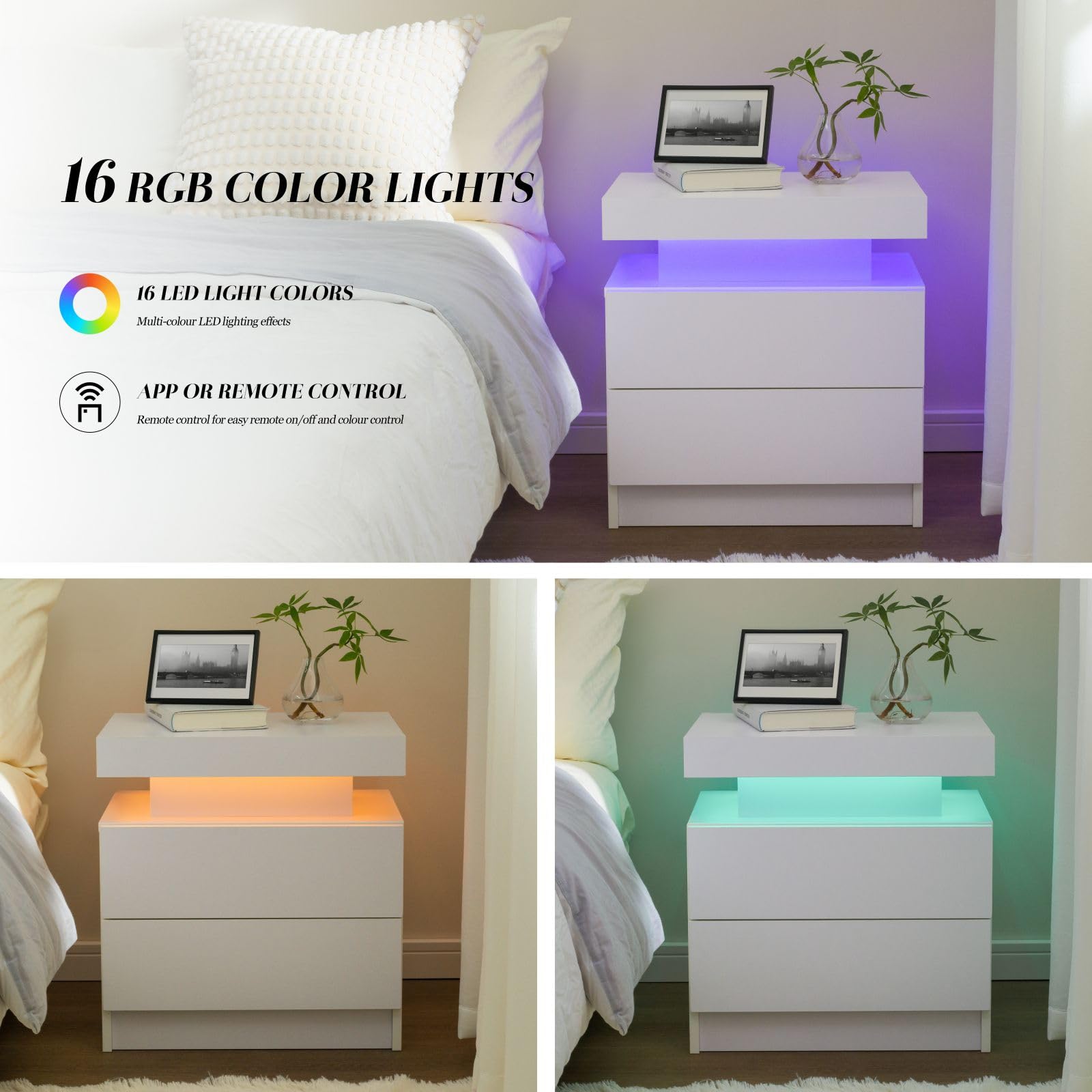 Modern White LED Nightstand Set of 2 - Bedside Table with 2 Drawers & USB Charging Ports - Perfect for Bedroom, Living Room & Small Spaces