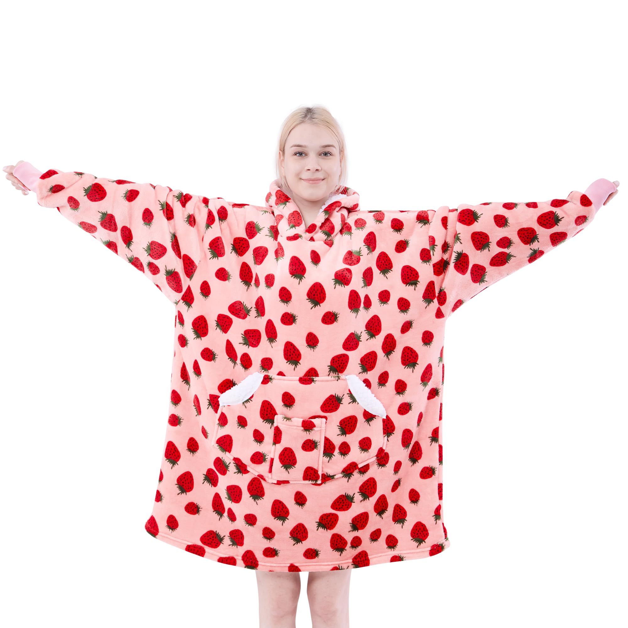 Cozy Oversized Sherpa Fleece Wearable Blanket Hoodie for Women - Warm Hooded Sweatshirt with Sleeves | Perfect Winter Gift & Lounge Wear for Home, Office, and Travel (Pink Strawberry)