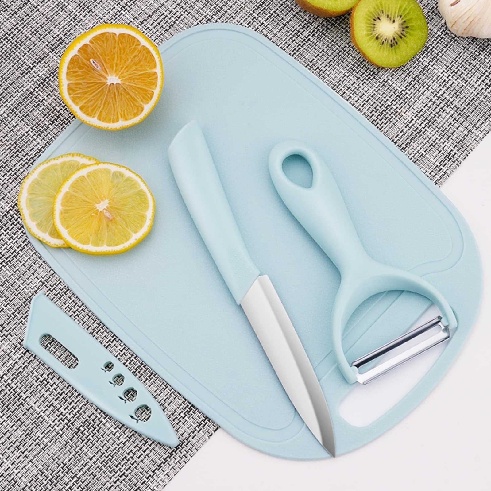 Wolpin 3-Piece BPA-Free Plastic Cutting Board Set for Kitchen - Large Chopping Boards for Vegetables, Fruits & Cheese with Knife & Peeler - Eco-Friendly, Anti-Microbial (25x18cm) - Perfect for Meal Prep, Cooking & Entertaining