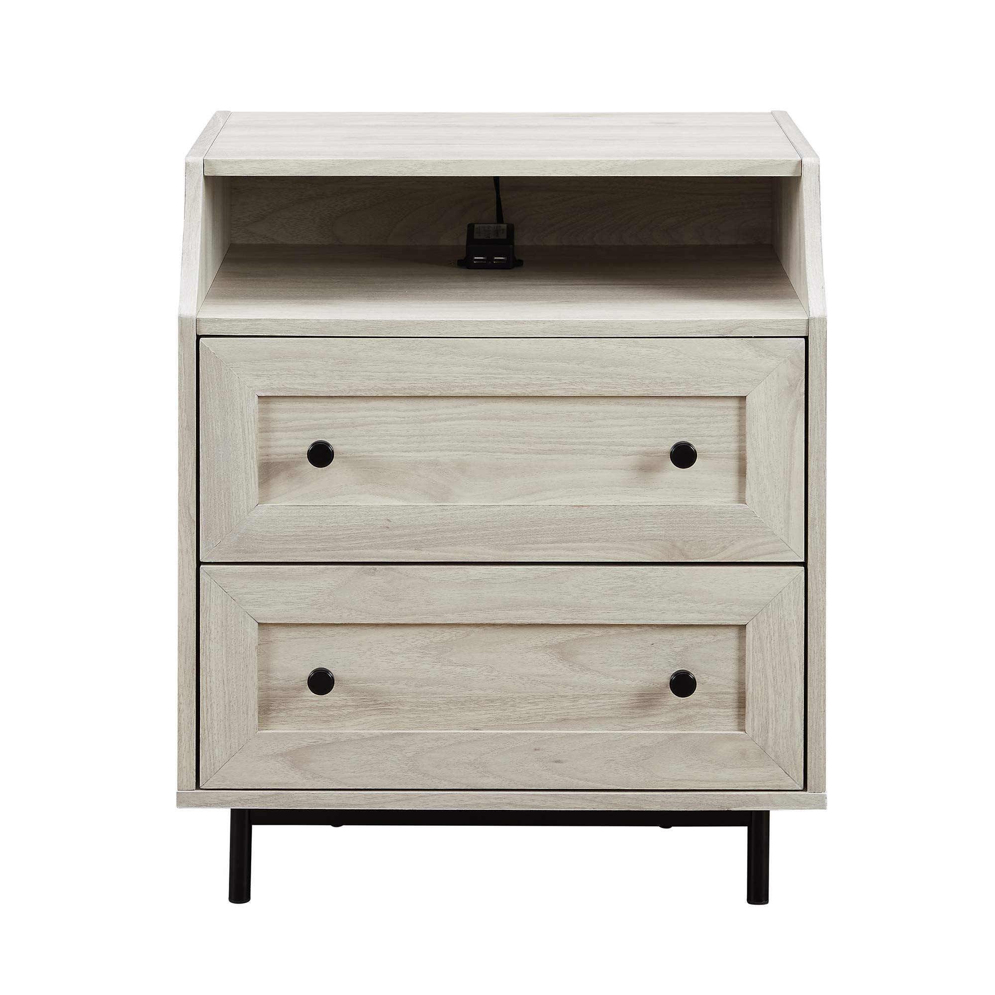 Walker Edison Florence 22 Inch 2-Drawer Open Top Nightstand with USB Charging Port - Modern Birch Wood Bedside Table for Bedroom, Living Room & Office Use