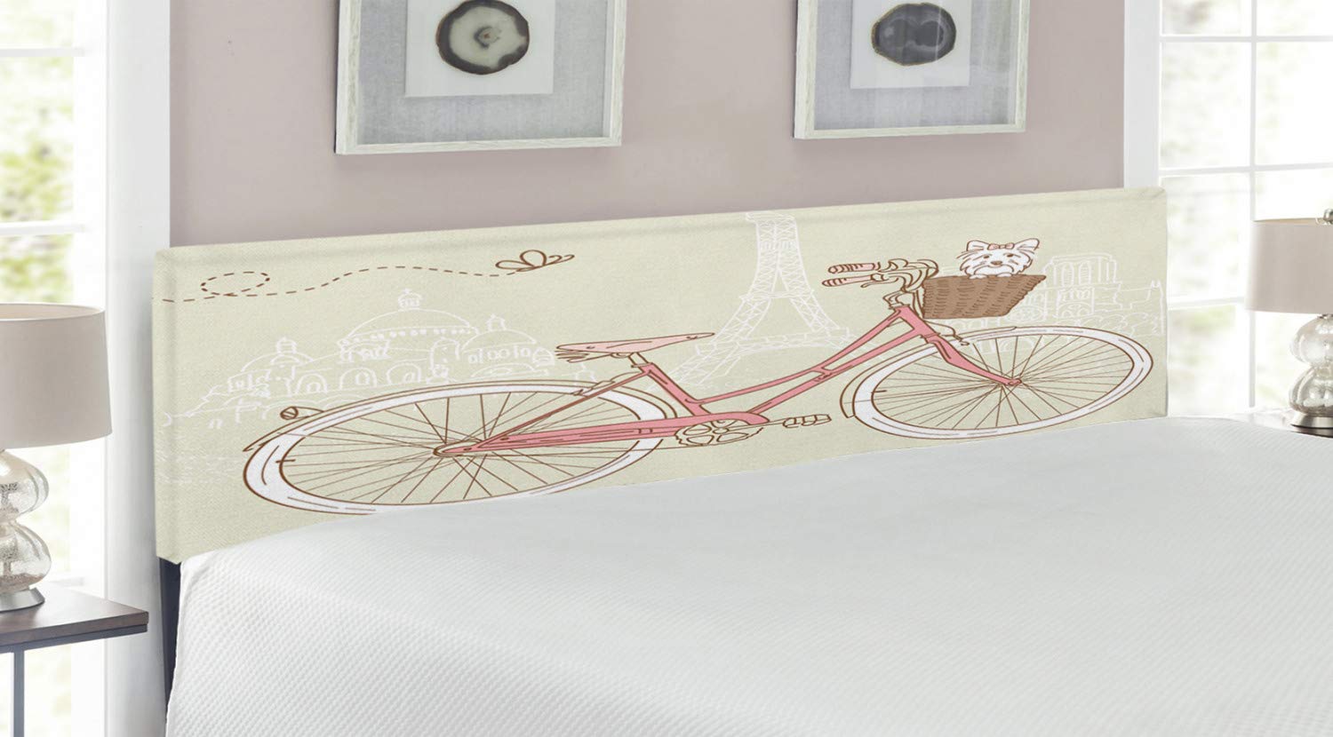 Ambesonne King Size Dog Headboard - Romantic Paris Postcard Design with Dog in Bicycle Basket Illustration, Upholstered Metal Bed Frame with Memory Foam in Eggshell & Coral | Perfect for Pet Lovers' Bedroom Decor and Cozy Master Bedroom Makeover