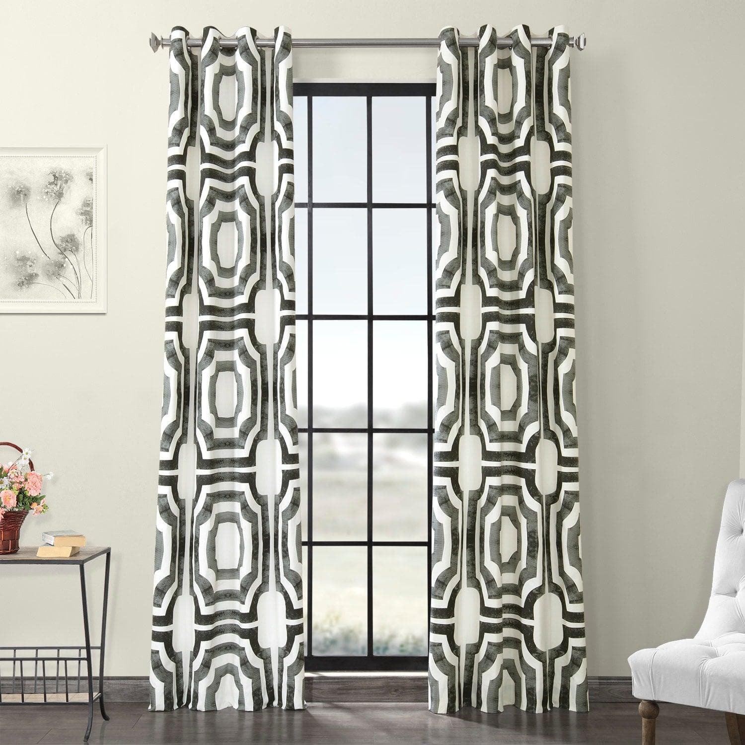 Mecca Steel Geometric Grommet Printed Blackout Curtains - Modern Window Treatment for Bedroom & Living Room