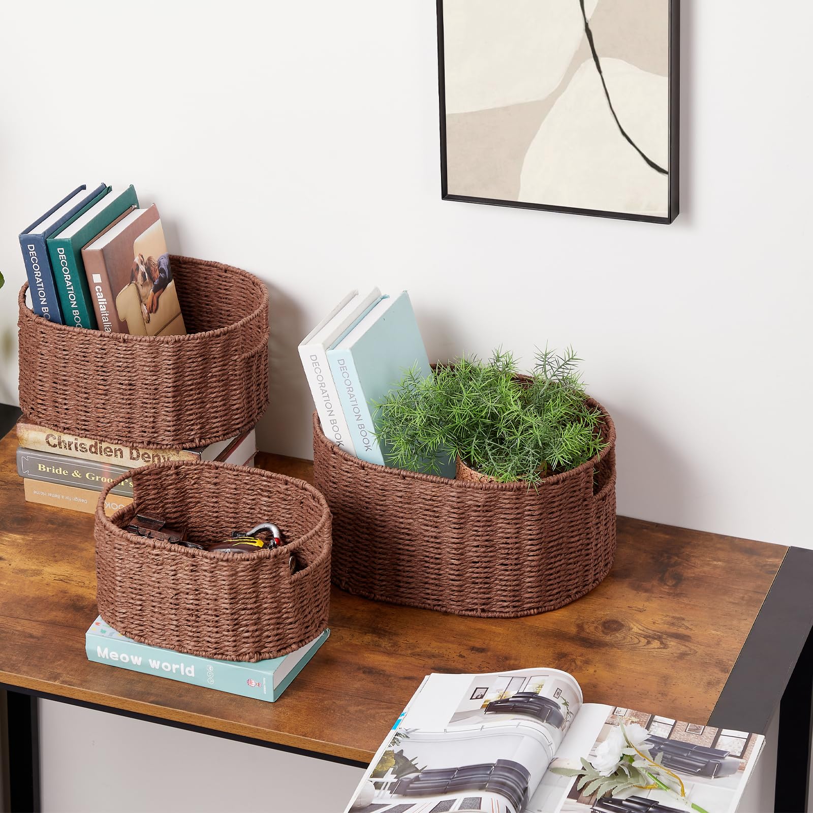 Vagusicc 5-Piece Hand-Woven Wicker Storage Basket Set with Handles - Natural Brown Cube Bins for Shelves, Pantry & Bedroom Organization | Perfect for Home Decor, Closet Storage & Laundry Room