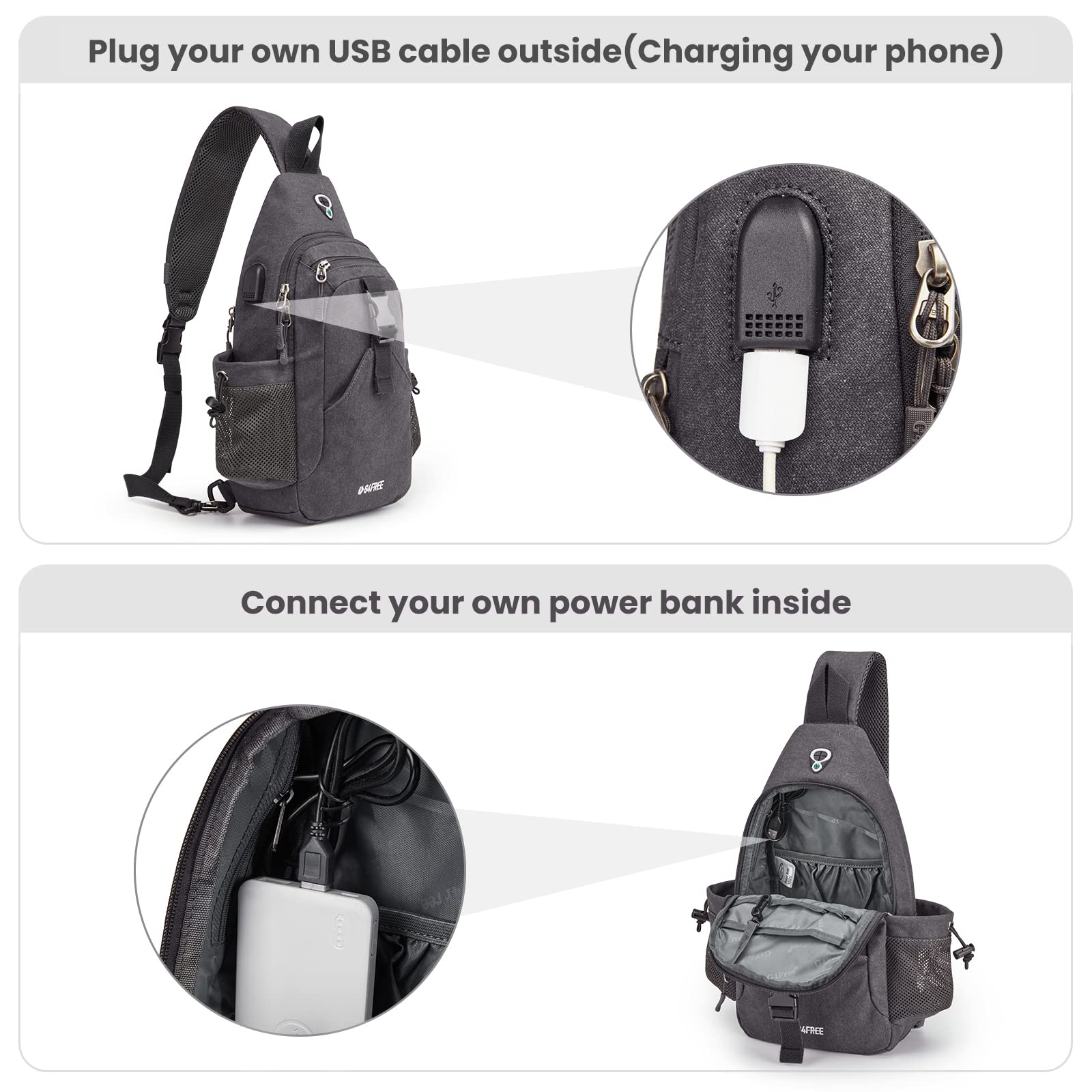 G4Free Canvas Sling Bag Crossbody Backpack with USB Charging Port & RFID Blocking - Lightweight Hiking Daypack Chest Bag for Women & Men - Perfect for Travel, Commuting & Outdoor Adventures