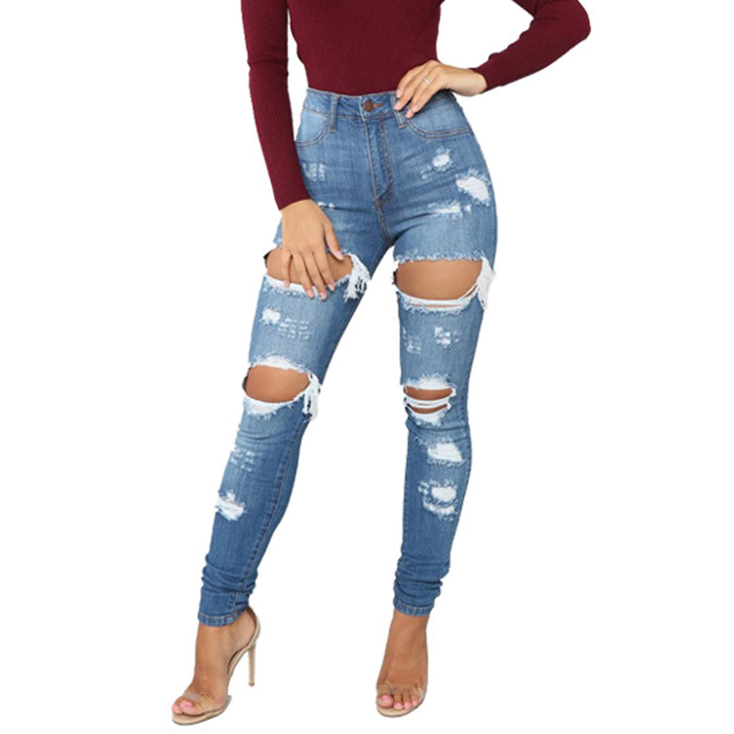 Tulucky Women's Boyfriend Jeans - Distressed Slim Fit Ripped Denim Pants with Stretch | Comfortable Skinny Jeans for Casual Wear, Street Style & Everyday Outfits