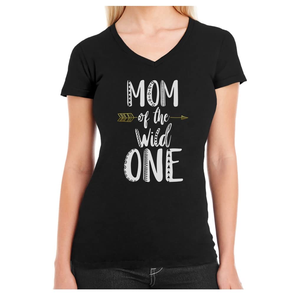 Funny Mom of The Wild One 1st Birthday V-Neck T-Shirt for Women - Perfect for Baby's First Birthday Party & Cute Family Photoshoots