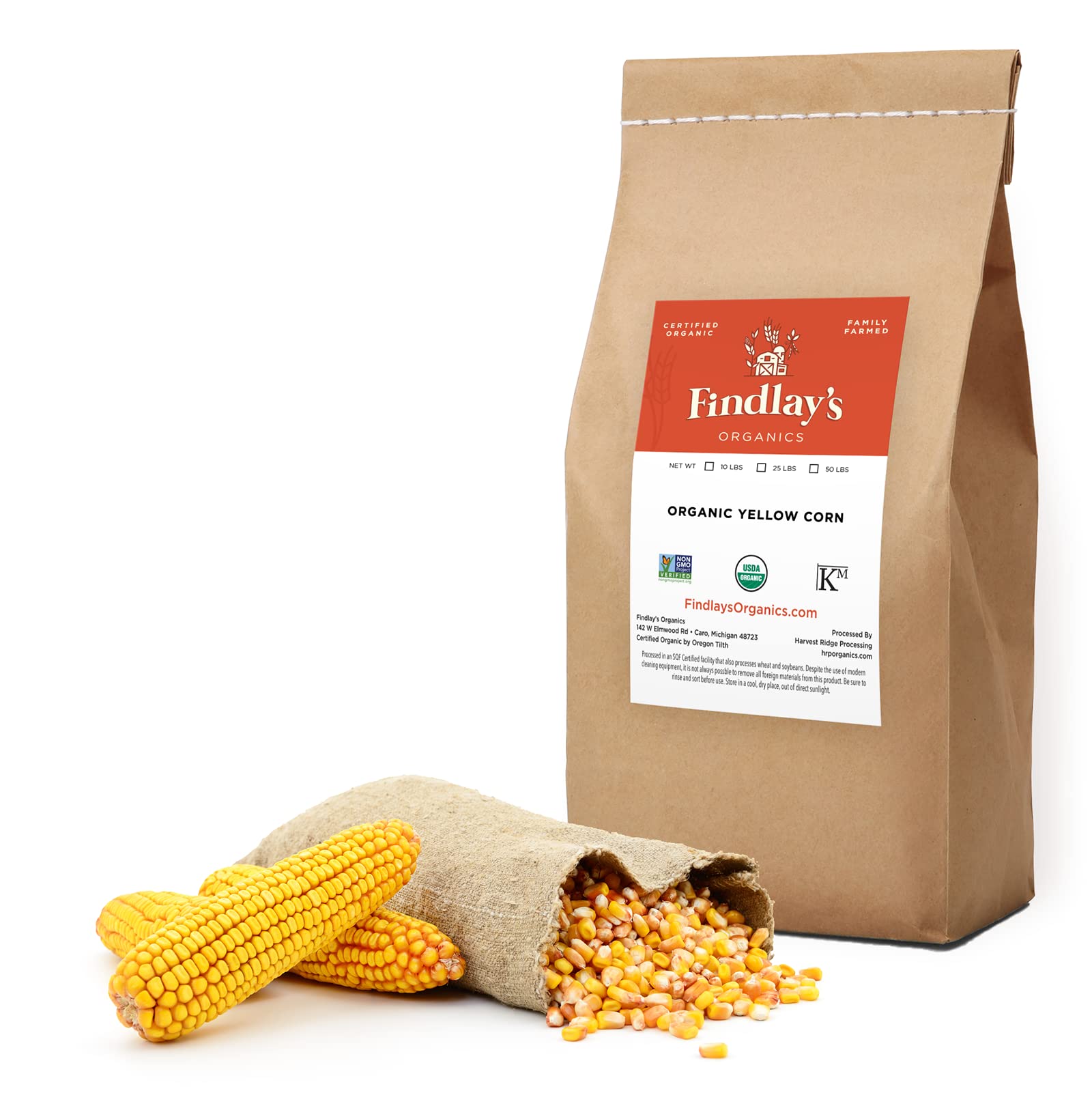 Organic Yellow Corn - USDA Certified, Non-GMO, Vegan - Farmer Direct from Michigan - 50 lb Bulk Bag - Perfect for Cornmeal, Tortillas & Healthy Recipes - Findlay's Organics