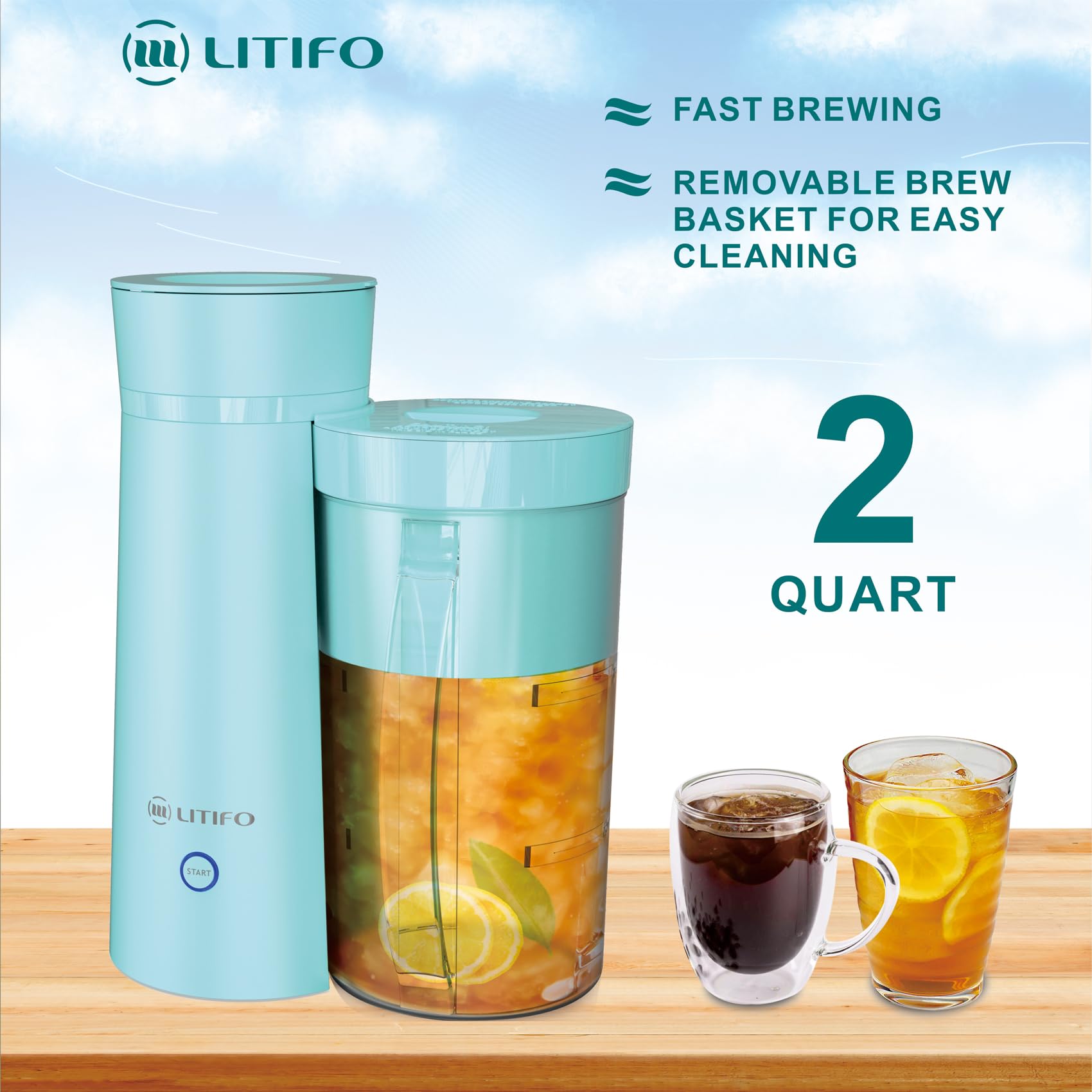LITIFO 2-Quart Iced Tea Maker & Iced Coffee Brewer with Pitcher - Perfect for Fruit Infused Tea, Lemonade, Flavored Water - Light Green | Ideal for Home, Office, Parties & Outdoor Gatherings