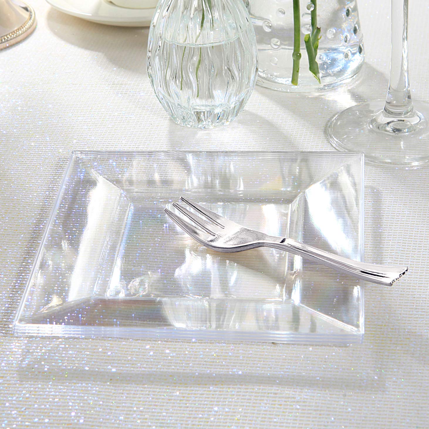 100-Piece Clear Square Dessert Plates Set with 100 Silver Plastic Forks - Elegant Appetizer Plates for Weddings, Parties & Events - Perfect for Cocktail Receptions, Bridal Showers & Birthday Celebrations