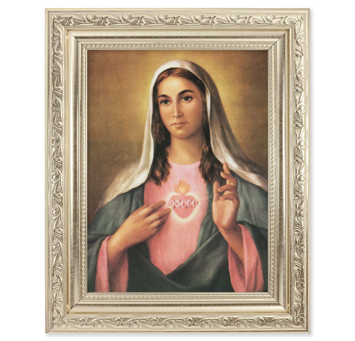Immaculate Heart of Mary Framed Wall Art - Antique Silver Finish with Acanthus Leaf Design - Catholic Home Decor for Living Room, Bedroom & Prayer Space