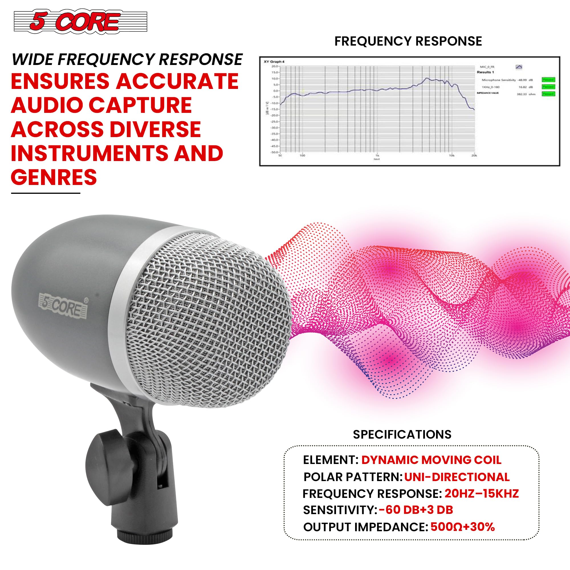5 CORE Drum Microphone - High Sensitivity Snare & Tom Instrument Mic with Dynamic Moving Coil, Uni-Directional Pickup, Swivel Mount & Durable Steel Mesh Grille - Perfect for Live Performances, Studio Recording & Drum Kits (Grey)