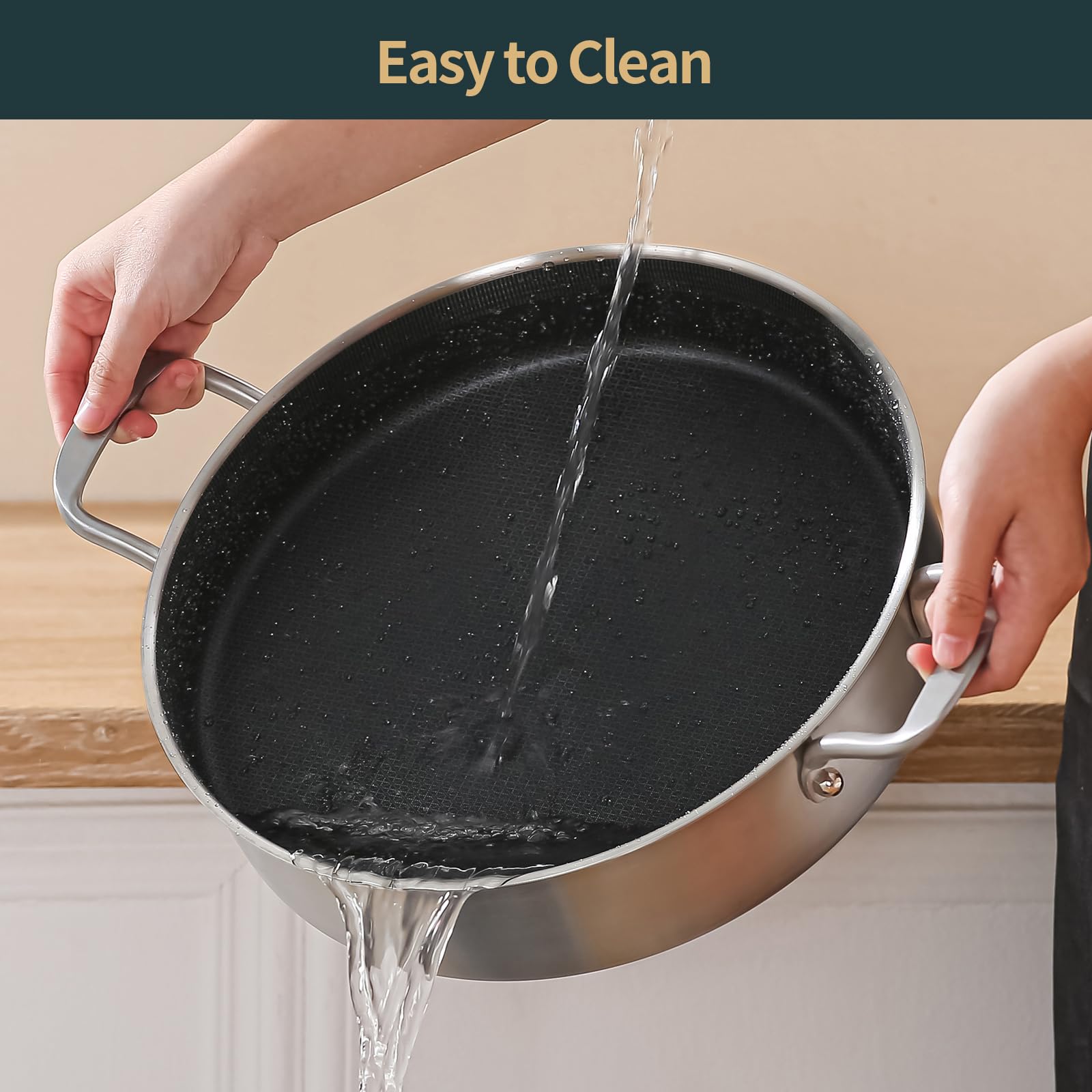 5 Quart Tri-Ply Hybrid Nonstick Stainless Steel Saute Pan with Lid - 12 Inch Deep Frying Pan & Rondeau Pot - Oven & All Cooktops Safe up to 600℉ - Perfect for Searing, Frying & Braising - Ideal for Home Chefs & Professional Kitchens