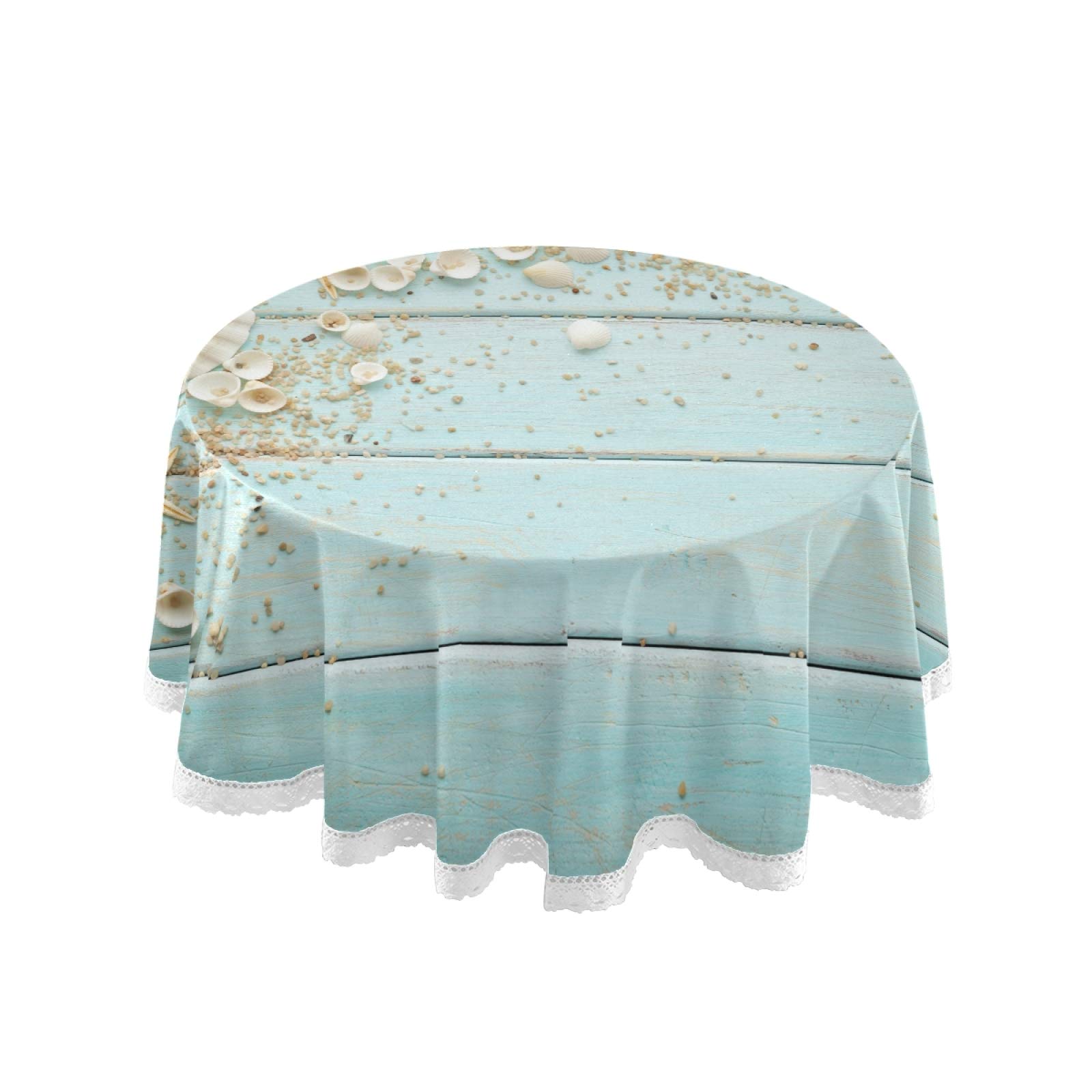 Turquoise Teal Round Seashell Starfish Wooden Tablecloth - 60 Inch Washable Polyester Ocean Beach Theme Table Cover for Kitchen, Dining, Party & Picnic Decor | Perfect for Coastal Home Decor, Beach Weddings, and Summer Entertaining