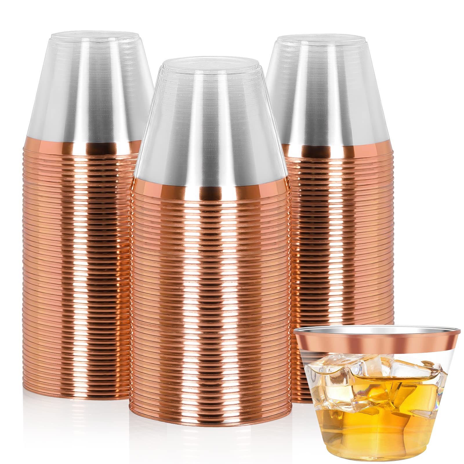 100-Pack 9oz Clear Plastic Cups with Rose Gold Rim - Elegant Disposable Wine Glasses for Weddings, Parties, Cocktails & Special Events | Reusable Rose Gold Cups for Champagne, Juice & Beverages