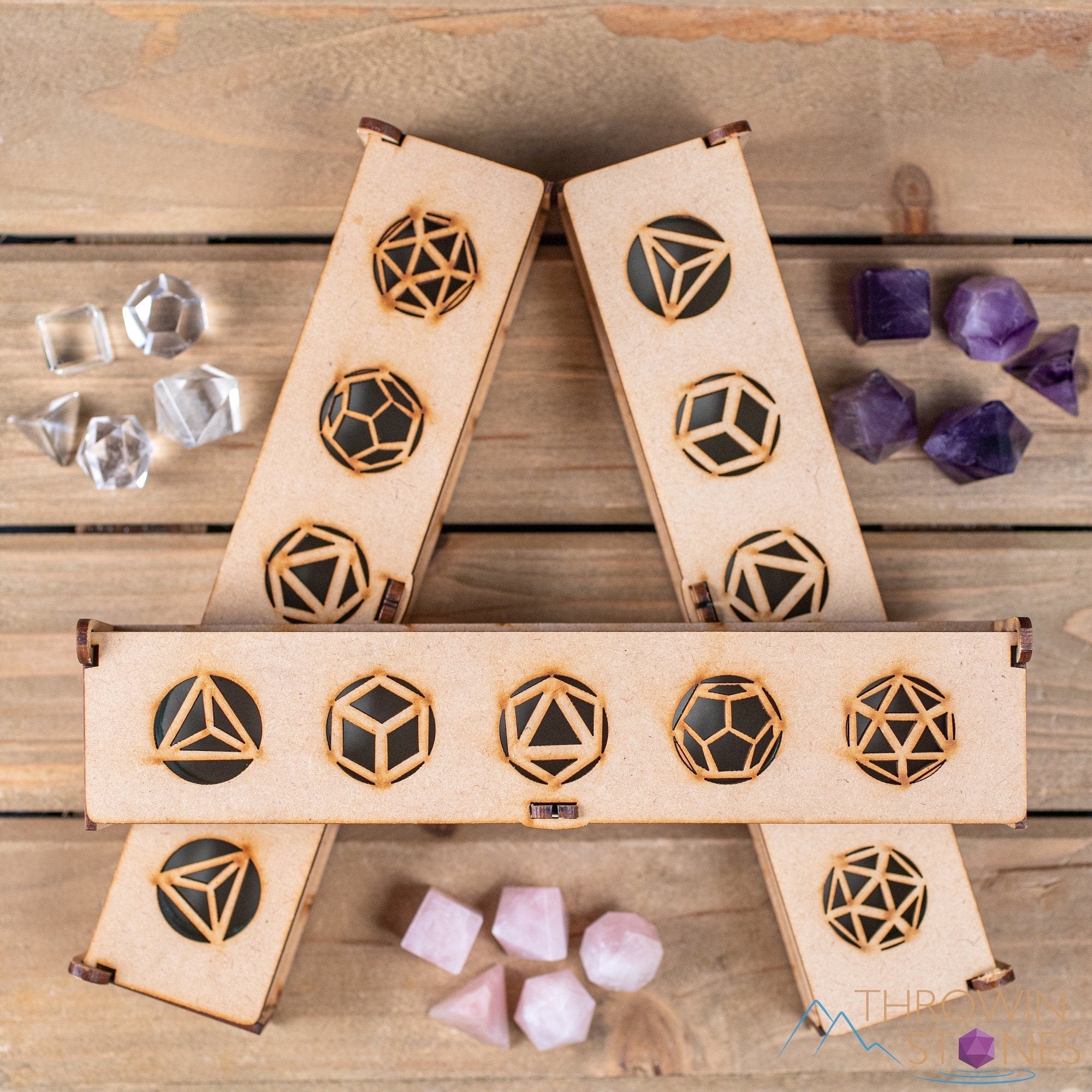 Platonic Solid Crystal Set with Amethyst, Rose & Clear Quartz - Healing Crystals Kit in Wooden Box for Beginners | Meditation, Reiki, Energy Work & Home Decor (E1914)