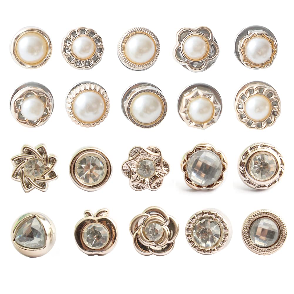 20Pcs Women's Shirt Brooch Buttons - Pearl & Rhinestone No Sew Button Pins for Blouses, Safety Mini Brooch Pins for DIY Clothing & Fashion Accessories | Perfect for Dress Shirts, Cardigans & Jacket Embellishments