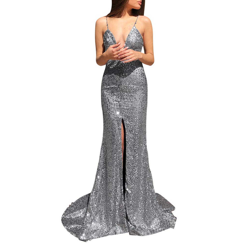 Sexy Deep V Neck Sleeveless Sequin Long Dress for Women - Pure Color Pink, Perfect for Evening Parties, Prom, Cocktail Events & Special Occasions