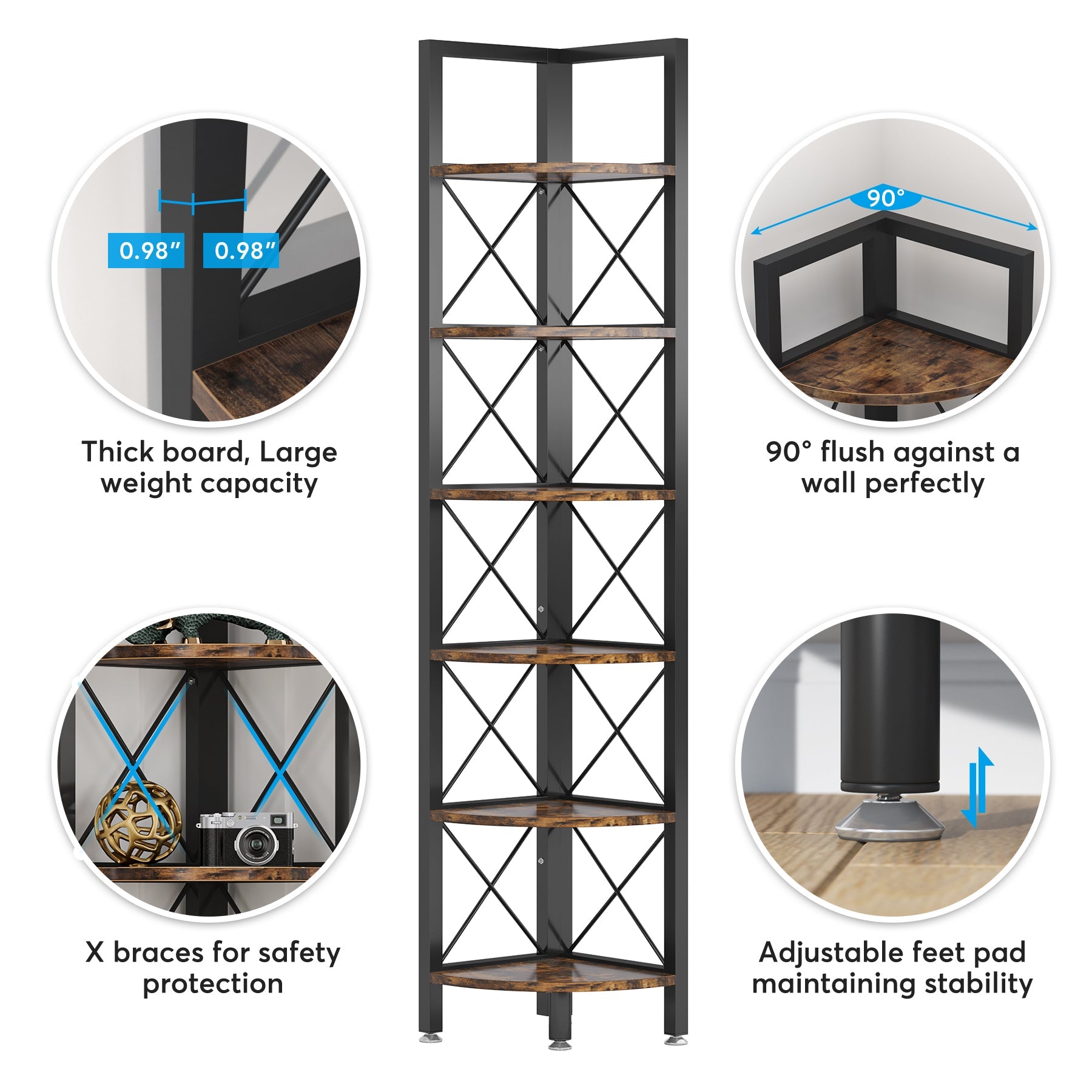 6 Tier Corner Shelf - Space Saving Bookshelf Organizer for Small Spaces | Perfect for Bedroom, Bathroom, or Office Storage