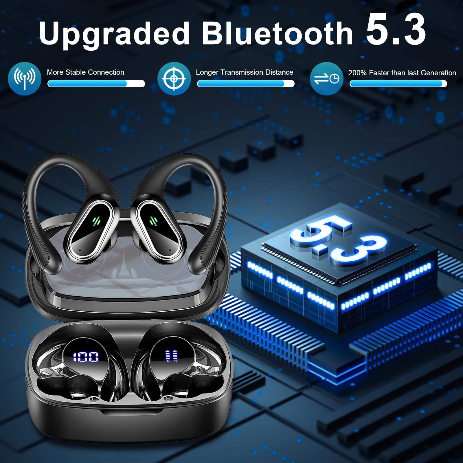 Wireless Bluetooth Earbuds with Earhooks - 50H Playtime, ENC Noise Canceling Mic, Deep Bass & IP7 Waterproof - Ideal for Running, Workout & Sports | Digital Display Case