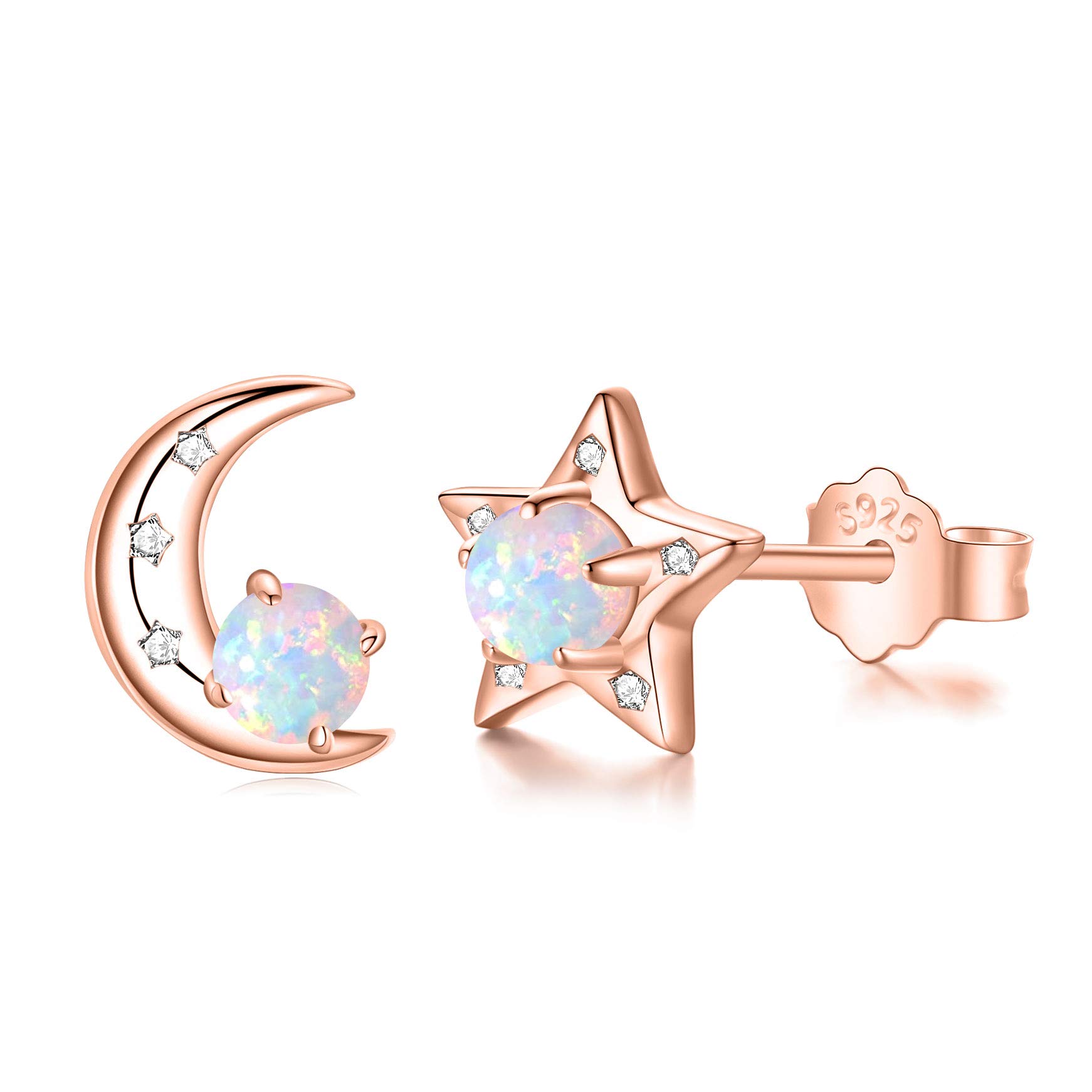 925 Sterling Silver Opal Moon and Star Stud Earrings for Women | Hypoallergenic Tiny Jewelry Gift for Sensitive Ears | Perfect for Everyday Wear, Date Nights & Special Occasions