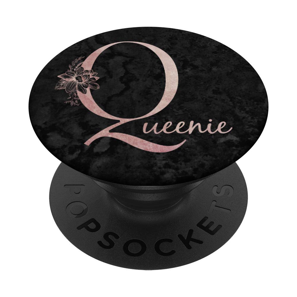 Personalized Queenie Name Pink Rose on Black Design PopSockets Swappable PopGrip - Perfect for Phones, Tablets & Laptops - Great Gift for Birthdays & Holidays