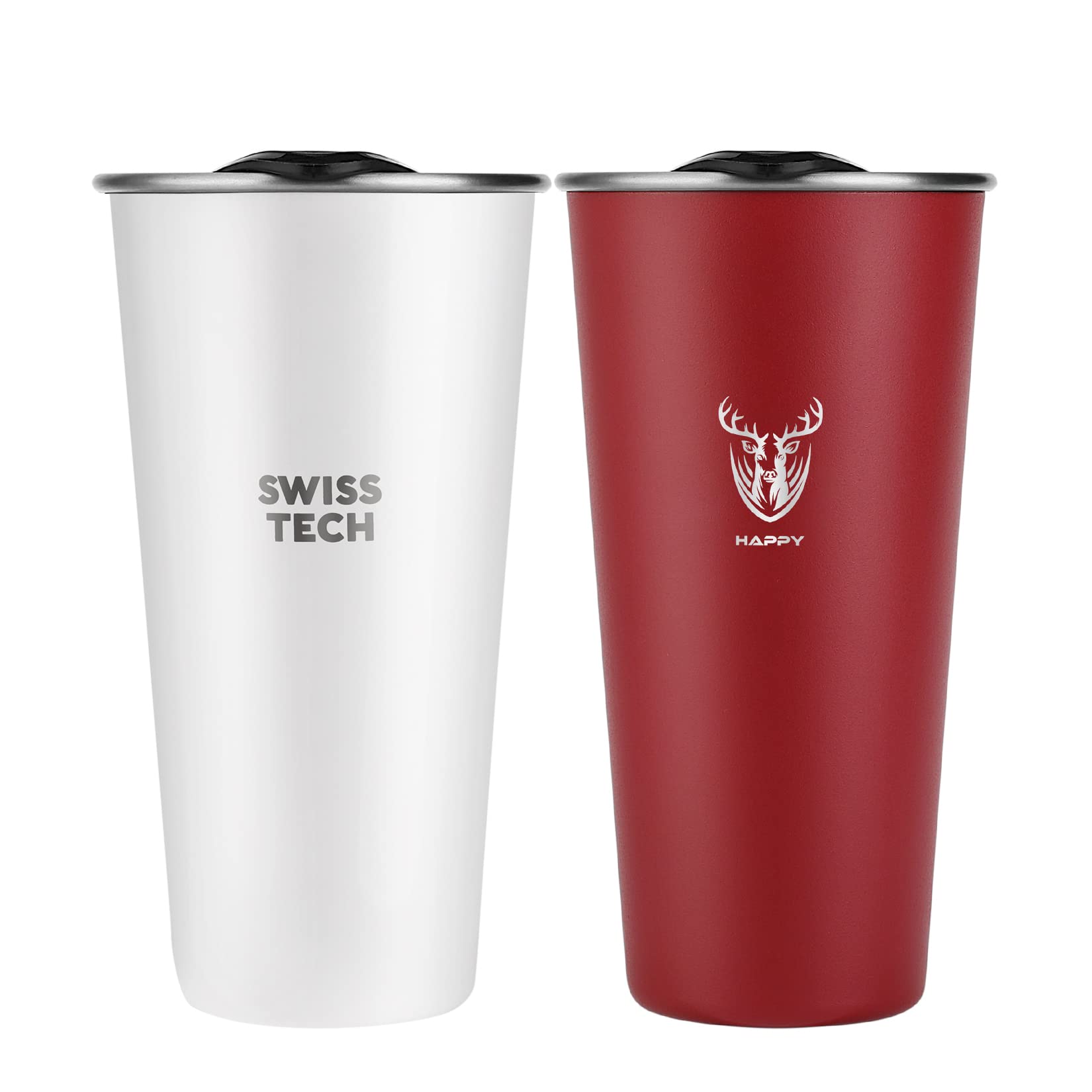 Swiss+Tech 16oz Stainless Steel Insulated Tumbler Cups - 2 Pack Double Wall Vacuum Insulated Pint Glasses with Lids, Durable & Leak Proof (Red & White) - Perfect for Coffee, Tea, Beer, Camping & Outdoor Adventures