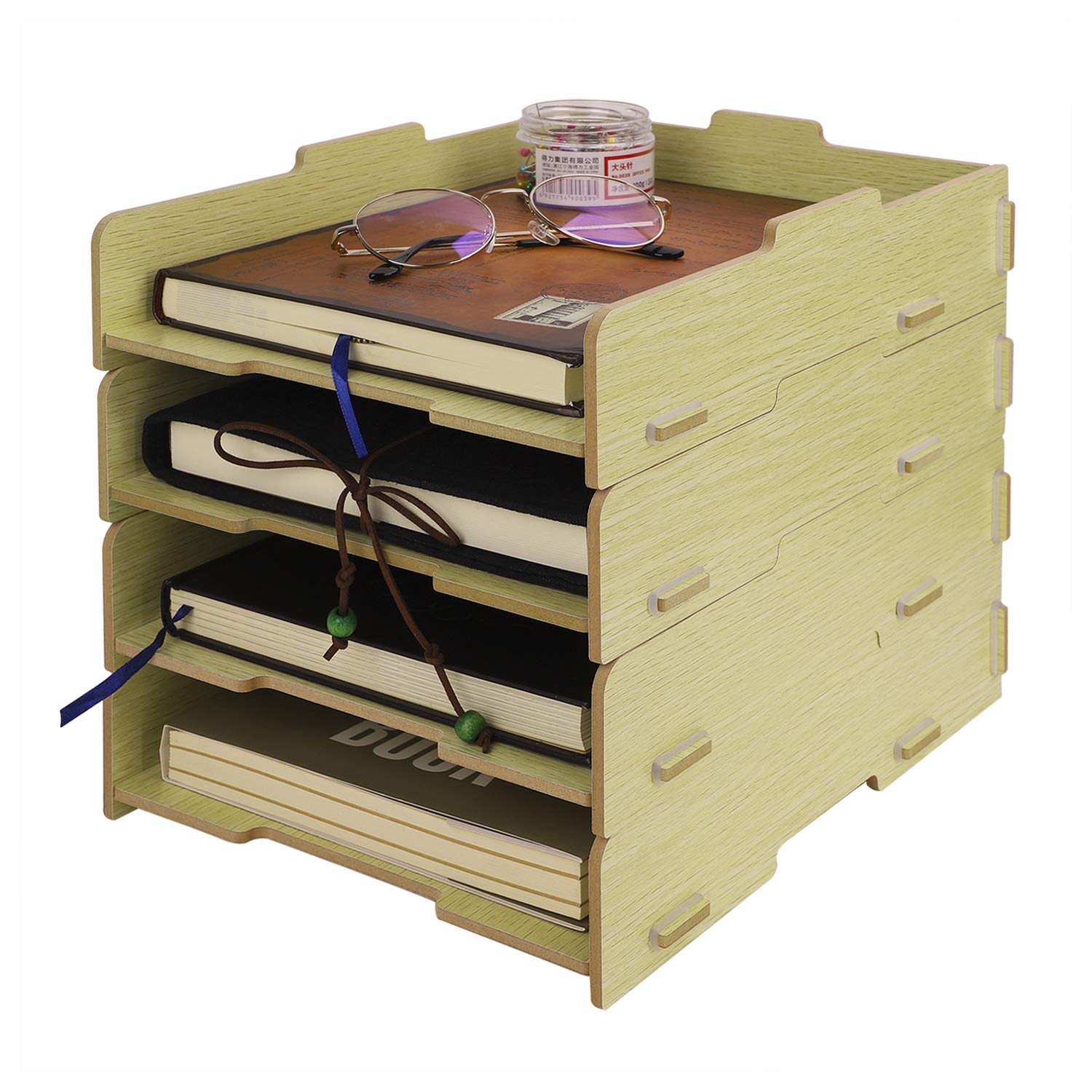 4-Tier Stackable Wooden Office File Organizer - A4 Letter Paper Storage, Magazine Rack & Desk Organizer for Home & Office - Perfect for Document Filing, Stationery Storage & Workspace Organization