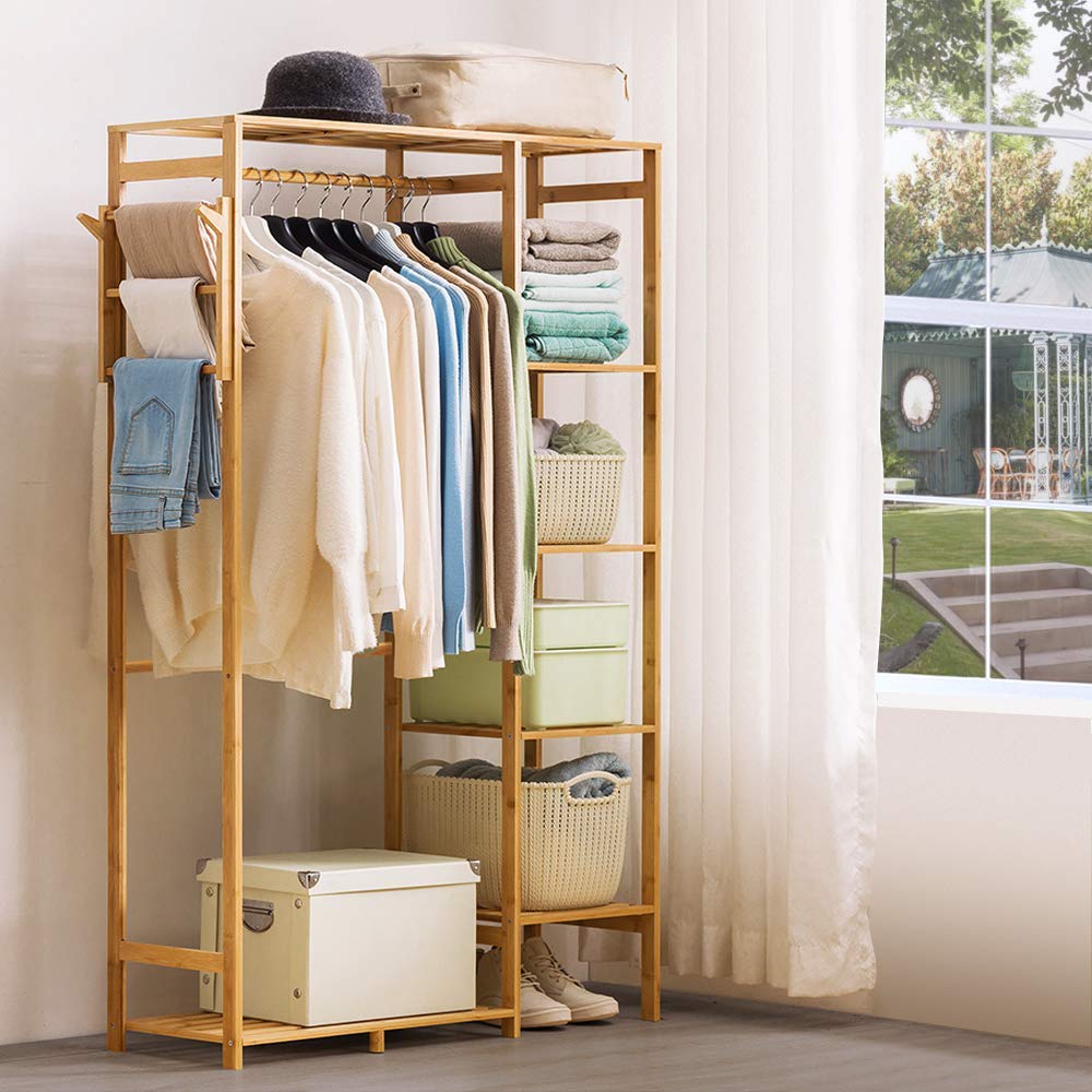 Ufine 6-Tier Bamboo Garment Rack with Side Hooks | Heavy Duty Clothes Hanging Storage Shelf | Portable Wardrobe Organizer for Bedroom, Closet & Laundry Room | Space-Saving Clothing Rack for Dorm, Apartment & Home Organization