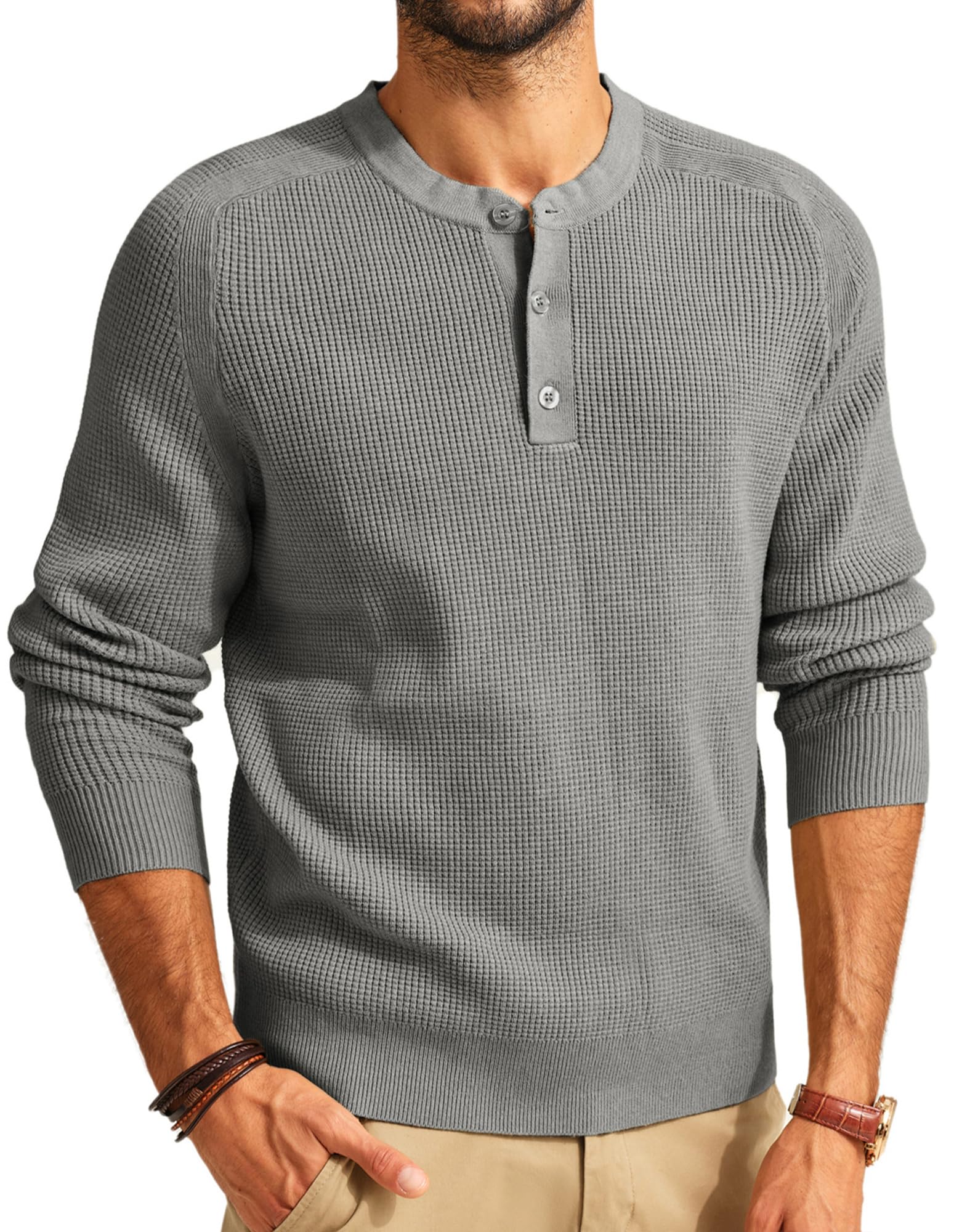 PJ PAUL JONES Men's Waffle Knit Pullover Sweater - Crew Neck & Henley Collar Design - Soft Fine Knit Jumper for Casual Wear, Office, and Winter Outfits