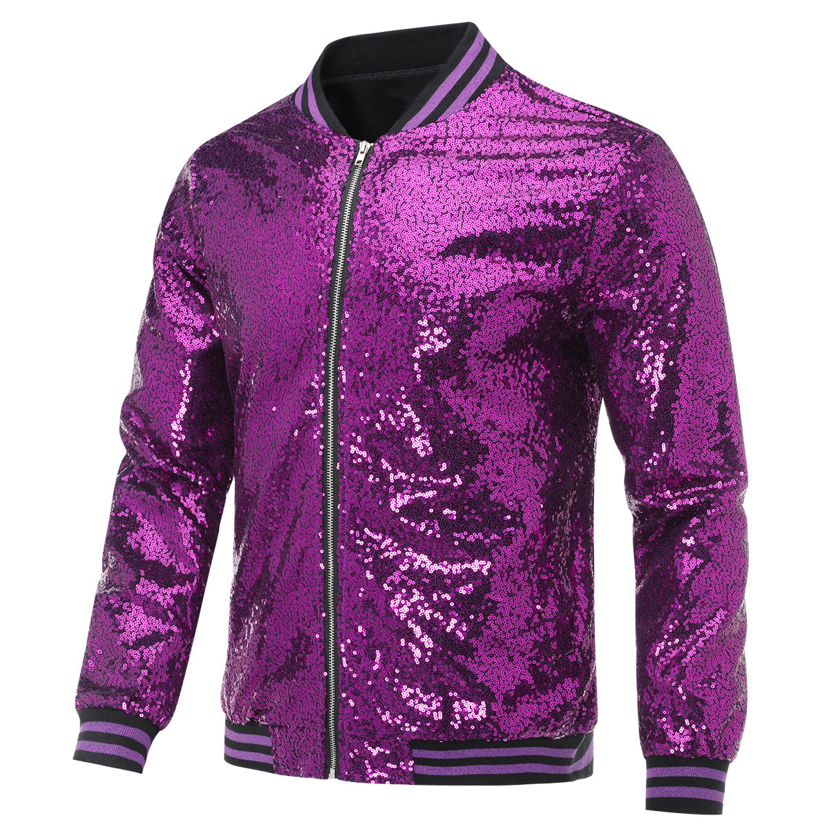 Sparkly Men's Purple Sequins Stand Collar Performance Jacket - Perfect for Stage Shows, Parties & Special Events