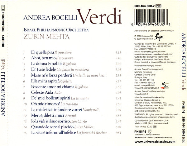 Andrea Bocelli Verdi CD Album - Opera & Classical Music for Relaxation, Gifts & Home Listening
