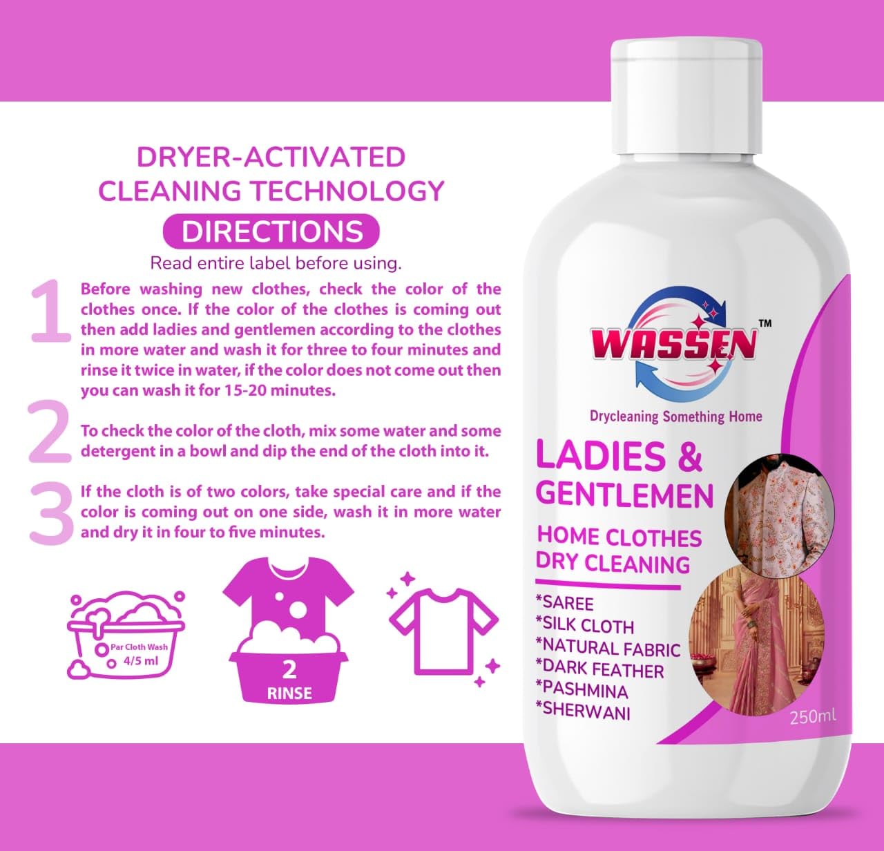 WASSEN Liquid Laundry Detergent for Delicate Fabrics - Gentle on Silk, Wool, Saree & Traditional Clothes - Hand & Machine Wash Safe (250ml) - Perfect for Silk Care, Wool Garments & Ethnic Wear