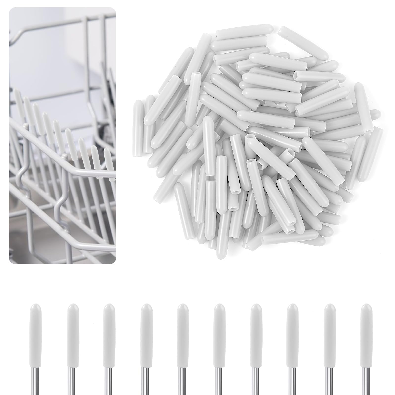 Bewudy 100-Pack Universal Dishwasher Rack Repair Kit - 1 Inch White Round End Caps for Tine Prongs, Durable Rack Coating & Replacement Tips - Fix Loose or Broken Dishwasher Racks for Bosch, Whirlpool, GE & More - Perfect for Kitchen Appliance Maintenance & DIY Repairs