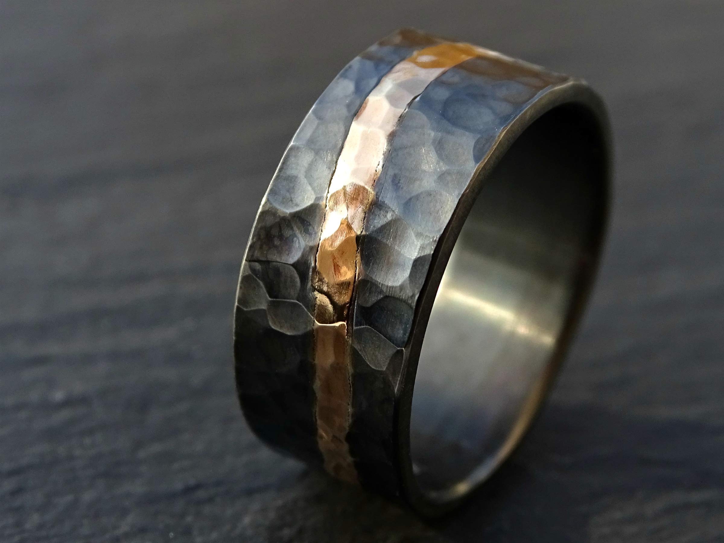 Forged Men's Viking Ring - Black Gold Wedding Band, Rustic Gold Wave Inlay, Perfect for Beach Weddings, Engagements, and Everyday Wear