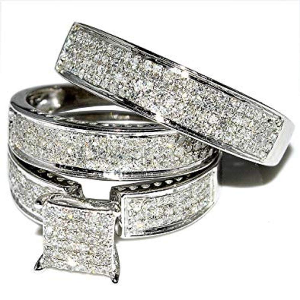 His and Hers Wedding Ring Set - Matching Trio Wedding Bands for Couples - 925 Sterling Silver Rings - Perfect for Anniversaries, Engagements & Romantic Gifts