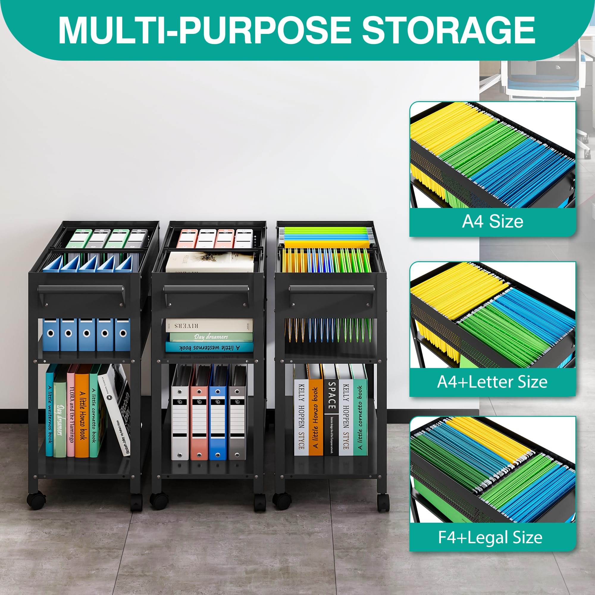 Black Mesh Rolling File Cart with Wheels - Hanging File Organizer Cabinet for A4/F4/Letter/Legal Files - Mobile Metal Filing Storage Cart for Home Office & Workspace Organization (Ideal for Documents, Office Supplies & Stationery Storage)