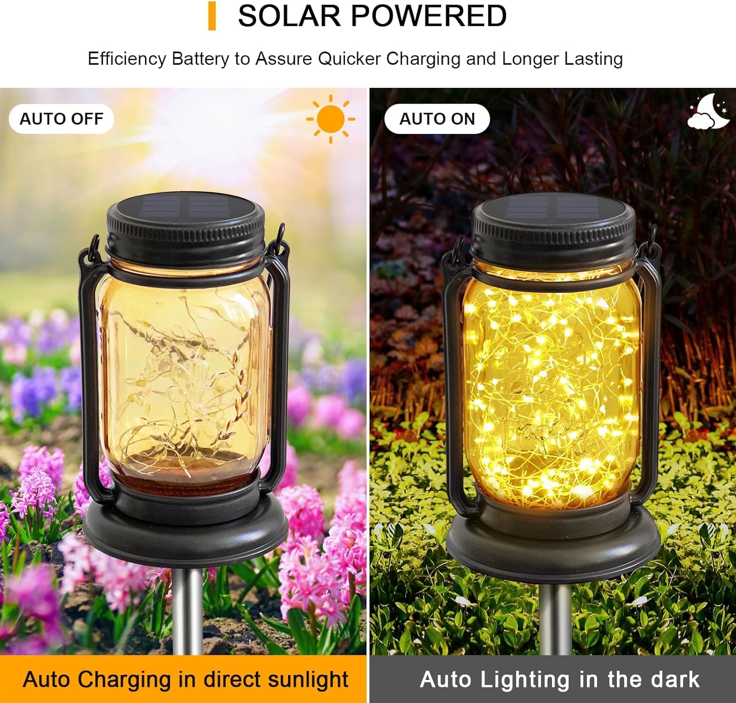 4 Pack Solar Mason Jar Lights - Waterproof Outdoor Hanging Lanterns with Stakes for Garden, Patio, Party & Holiday Decor | Perfect Gift for Mom, Women & Grandma | Solar-Powered Fairy Lights with Glass Jar & Starry Effect