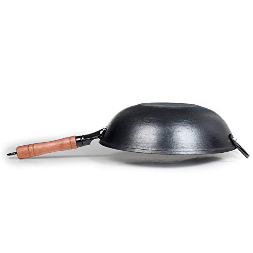 ZhenSanHuan Premium Cast Iron Wok Pan - 14.1 Inch Flat Bottom, No Chemical Coating, Induction Compatible - Perfect for Stir Frying, Searing & Asian Cooking