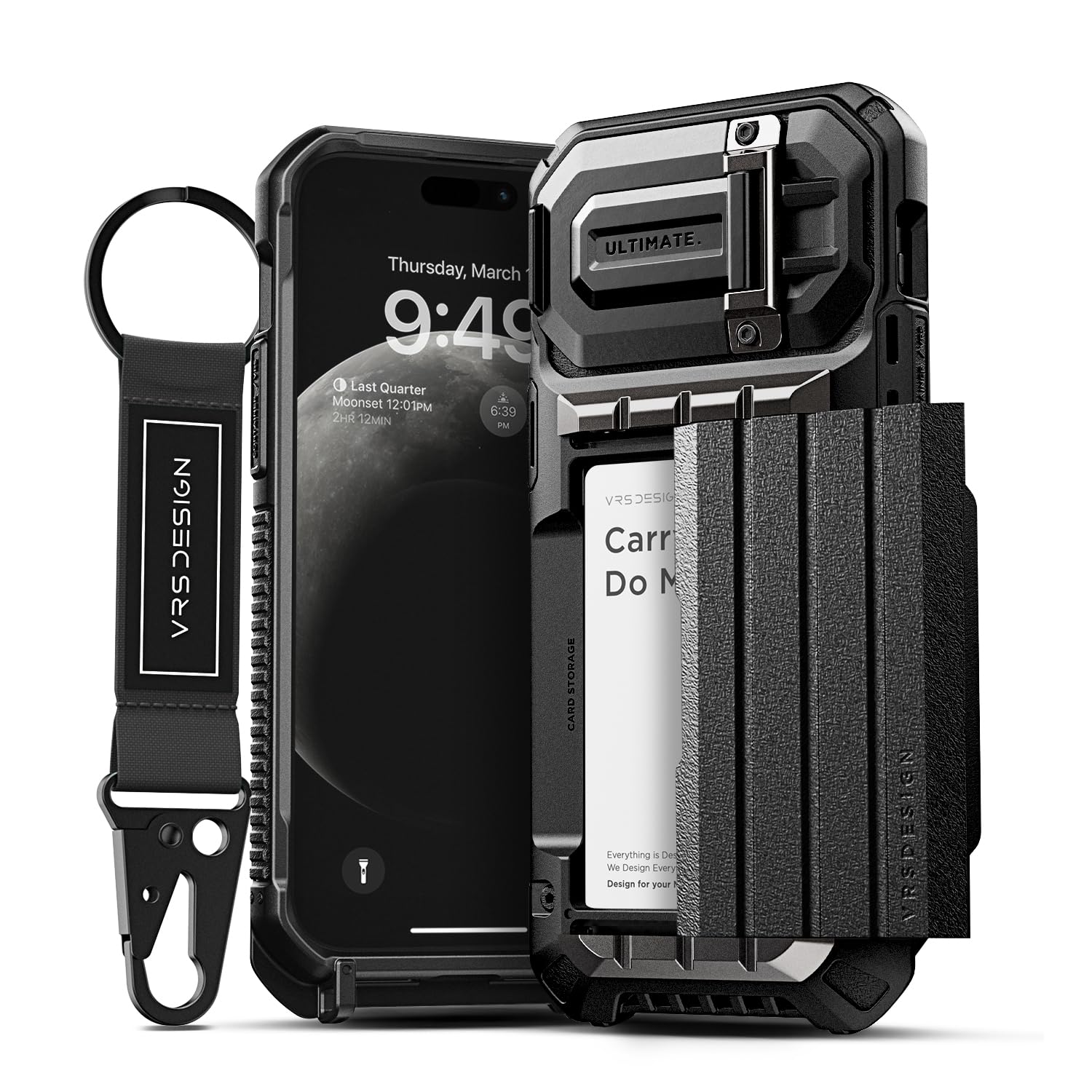VRS DESIGN Damda Glide Ultimate iPhone 15 Pro Max (2023) Case - Premium Shockproof Full-Body Protection with Camera Lens Cover & Multi-Functional Strap - Matte Black - Perfect for Outdoor Activities, Travel & Daily Use