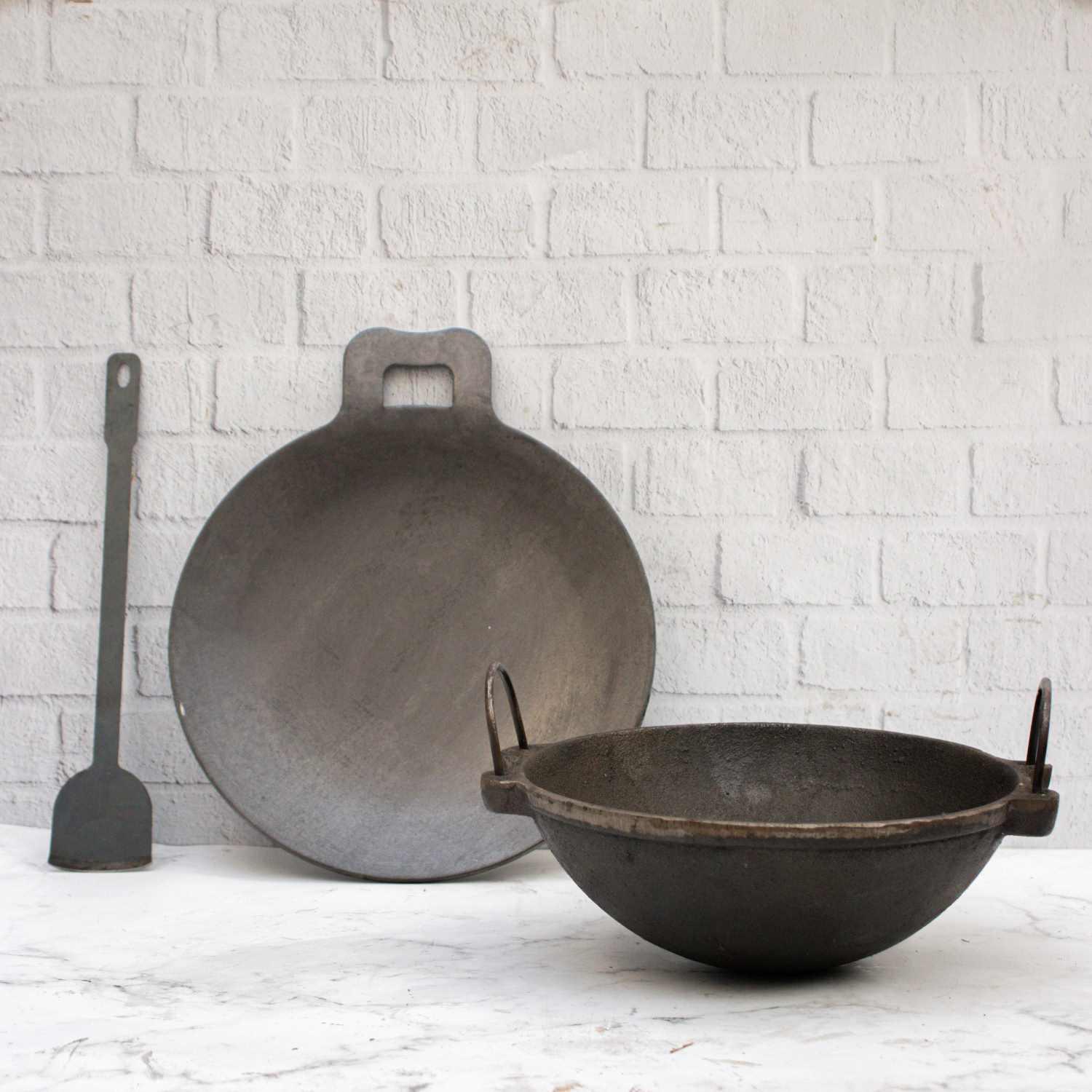 Premium Cast Iron Kadai, Iron Tawa & Ladle Cookware Set - Heavy Duty Indian Cooking Utensils for Roti, Curry & Deep Frying - Perfect for Home Kitchens & Outdoor Camping