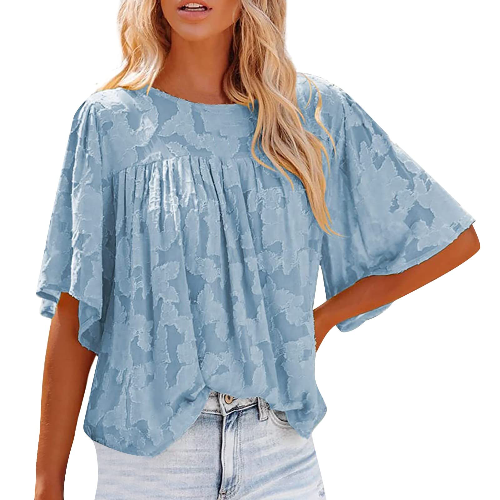 Trendy Women's 3/4 Bell Sleeve Blouse - Summer Crewneck Lace Tops with Floral Textured Design for Casual Wear, Office & Date Night Outfits