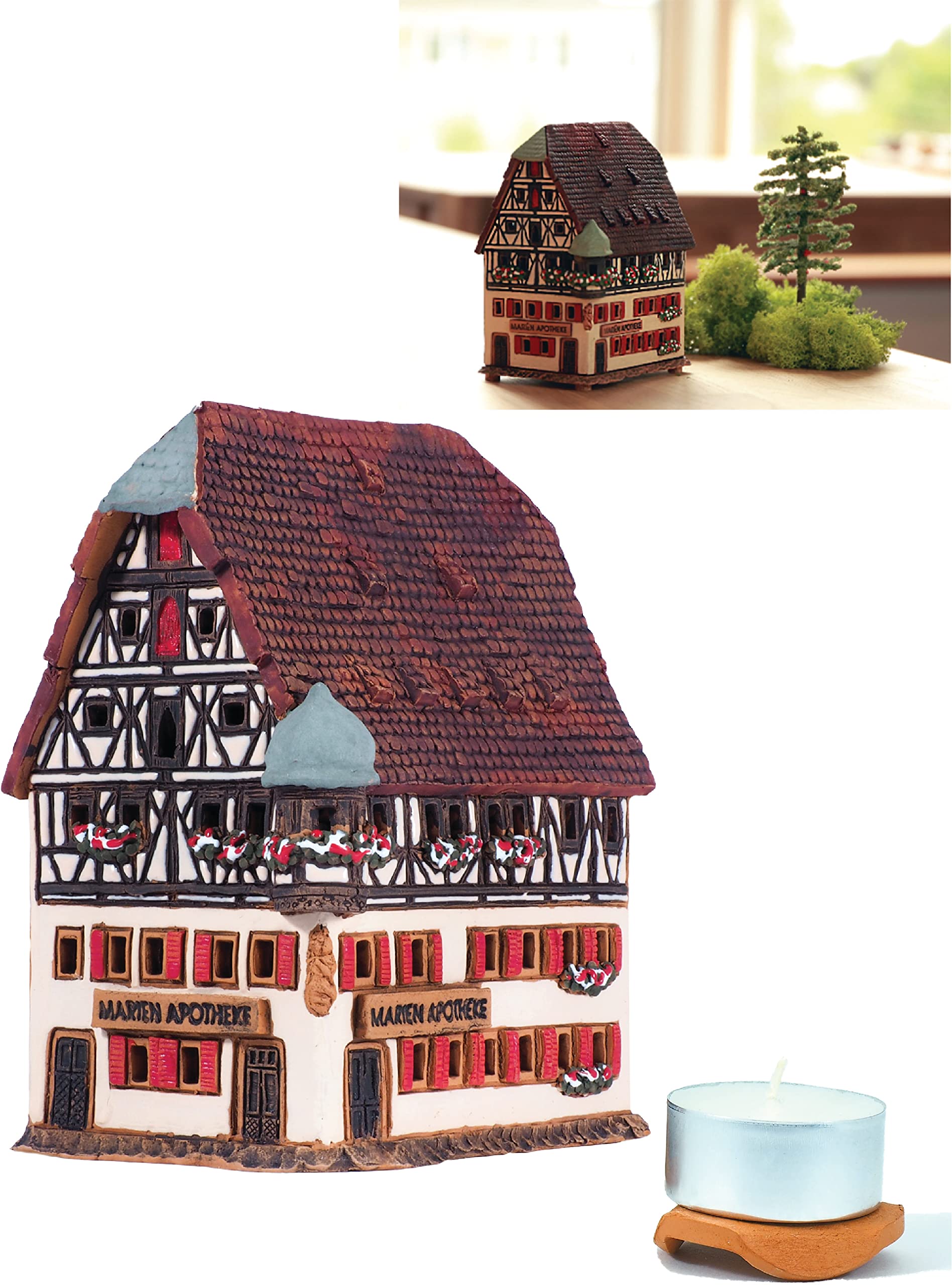 Handmade Ceramic Miniature House Tea Light Candle Holder - Replica of Historic Marienapotheke in Rothenburg Germany - Unique Home Decor Gift for Christmas, Wedding, Table Centerpiece & Cozy Ambiance