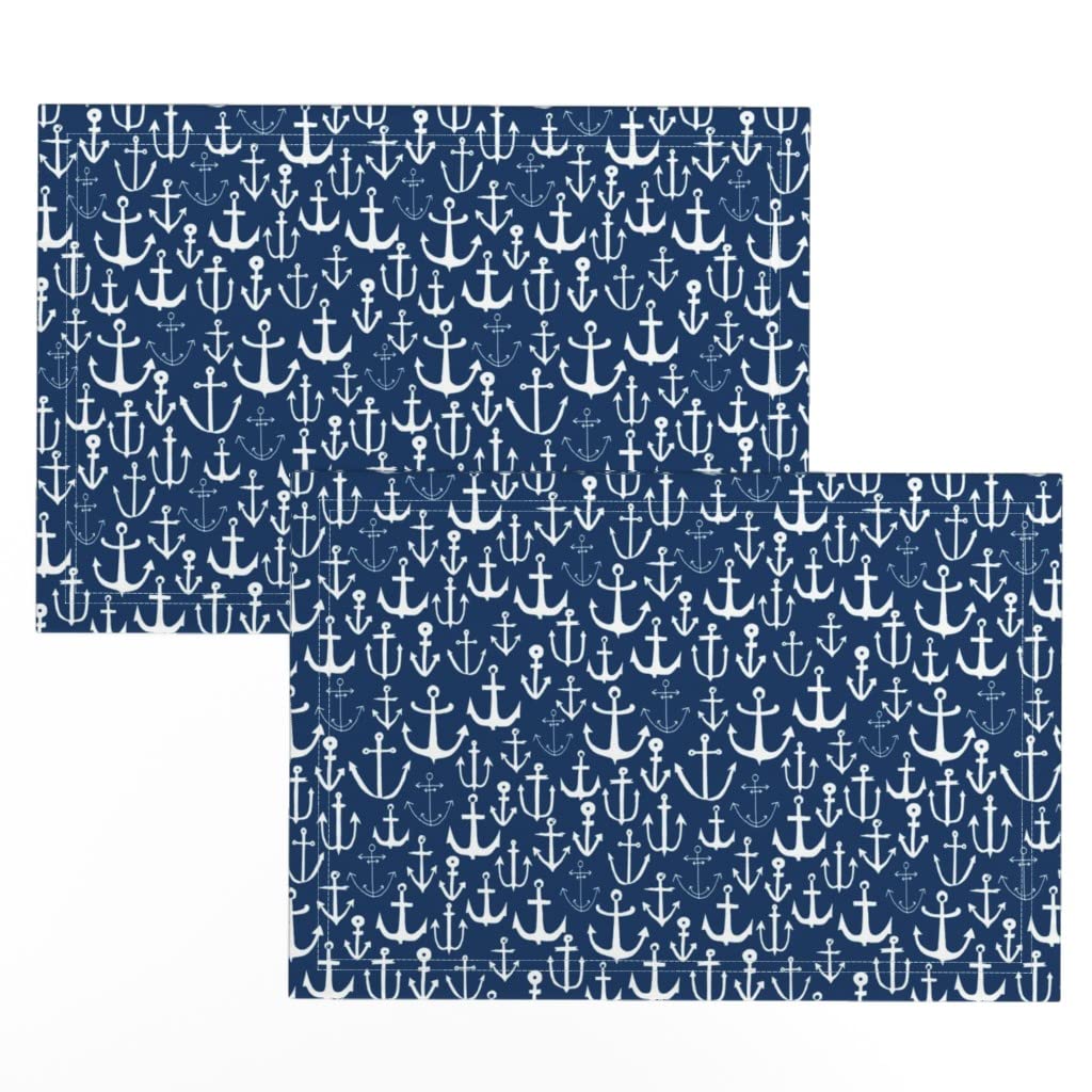 Premium Linen Cotton Canvas Placemats Set of 2 - Nautical Anchor Navy White Blue Coastal Design for Dining Table Decor, Kitchen, Beach House & Summer Entertaining